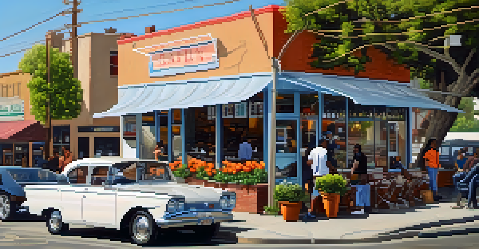 An urban street in Compton with a historic business beside a modern café, featuring blooming flowers along the sidewalks, highlighting the contrast of old and new.