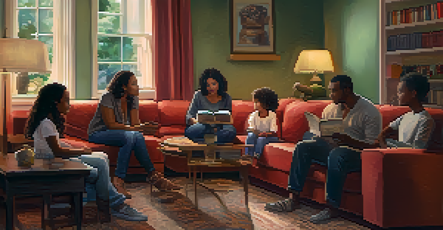 A family gathering in a cozy living room where parents share stories about the Compton Devil with attentive children, surrounded by warm lighting and family photographs.