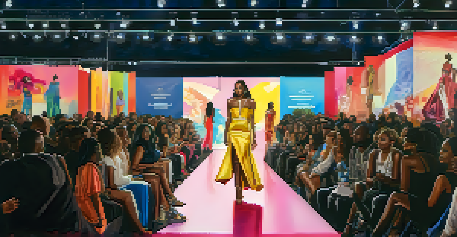 A fashion event in Compton with models on a runway, colorful lighting, and an engaged audience.