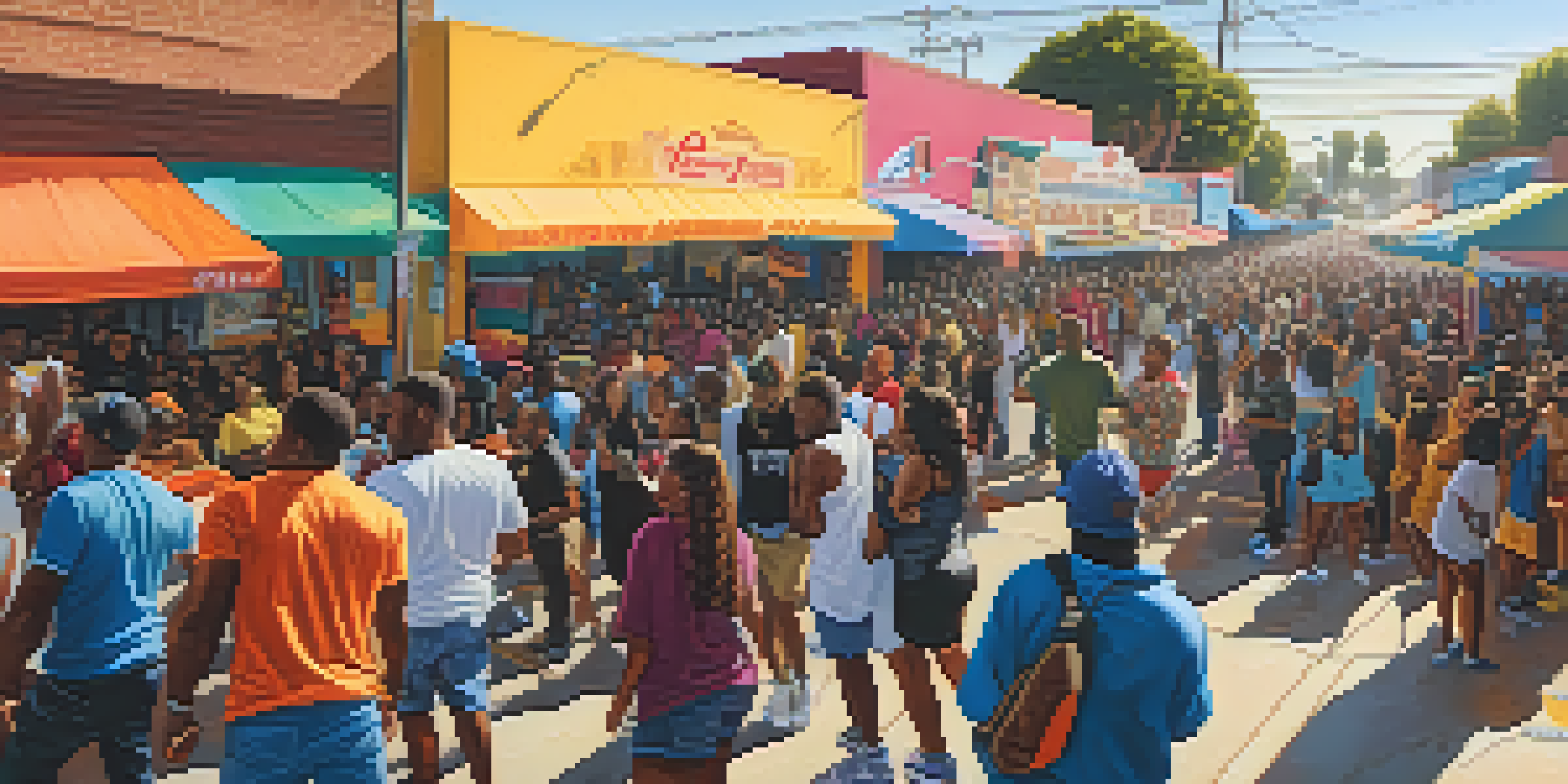 A lively block party in Compton with local artists performing hip-hop, colorful murals, diverse crowds, and food stalls under bright sunlight.