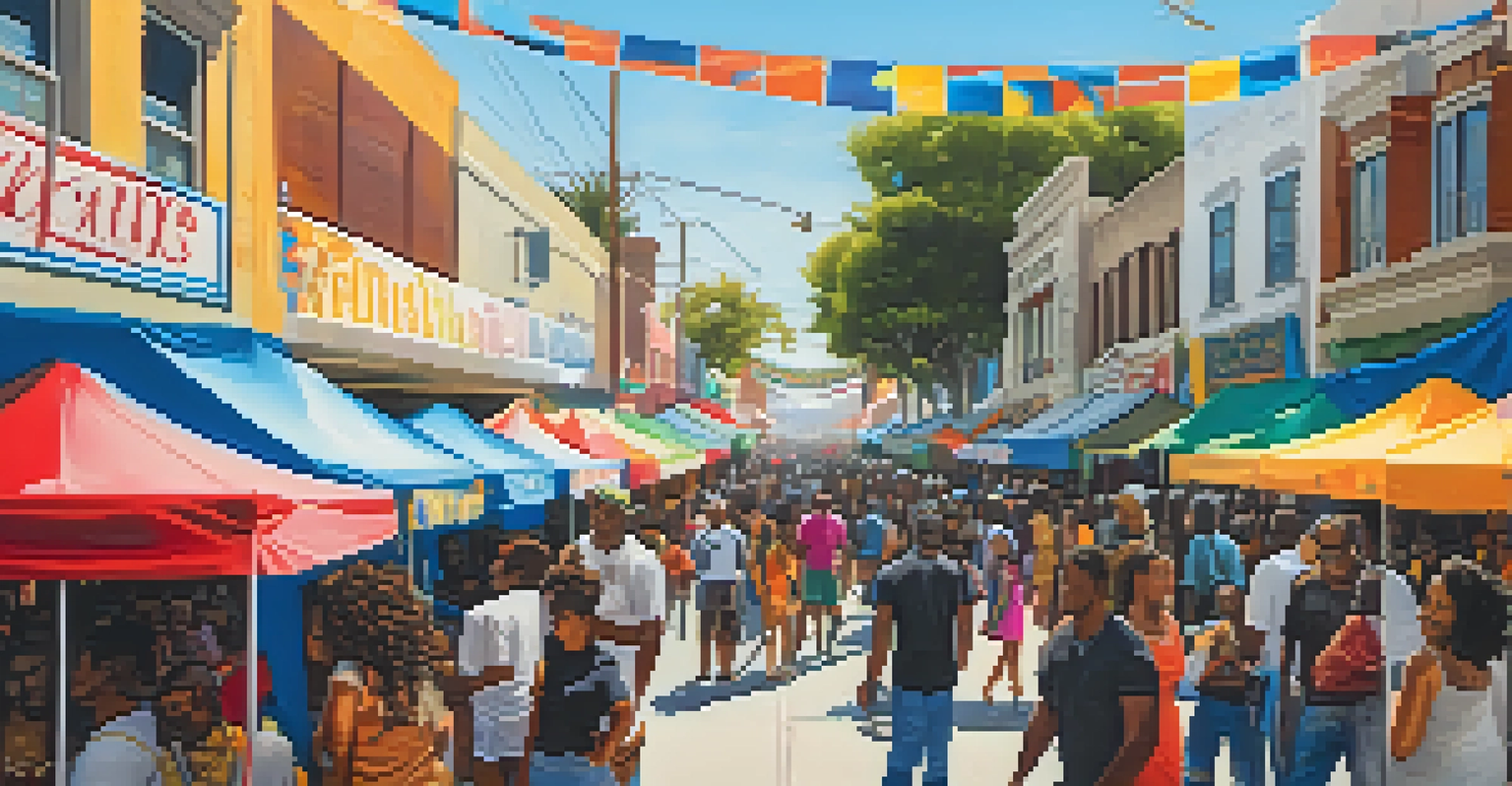 A colorful street scene at the Compton Arts Festival with diverse people admiring local artwork and festive decorations.