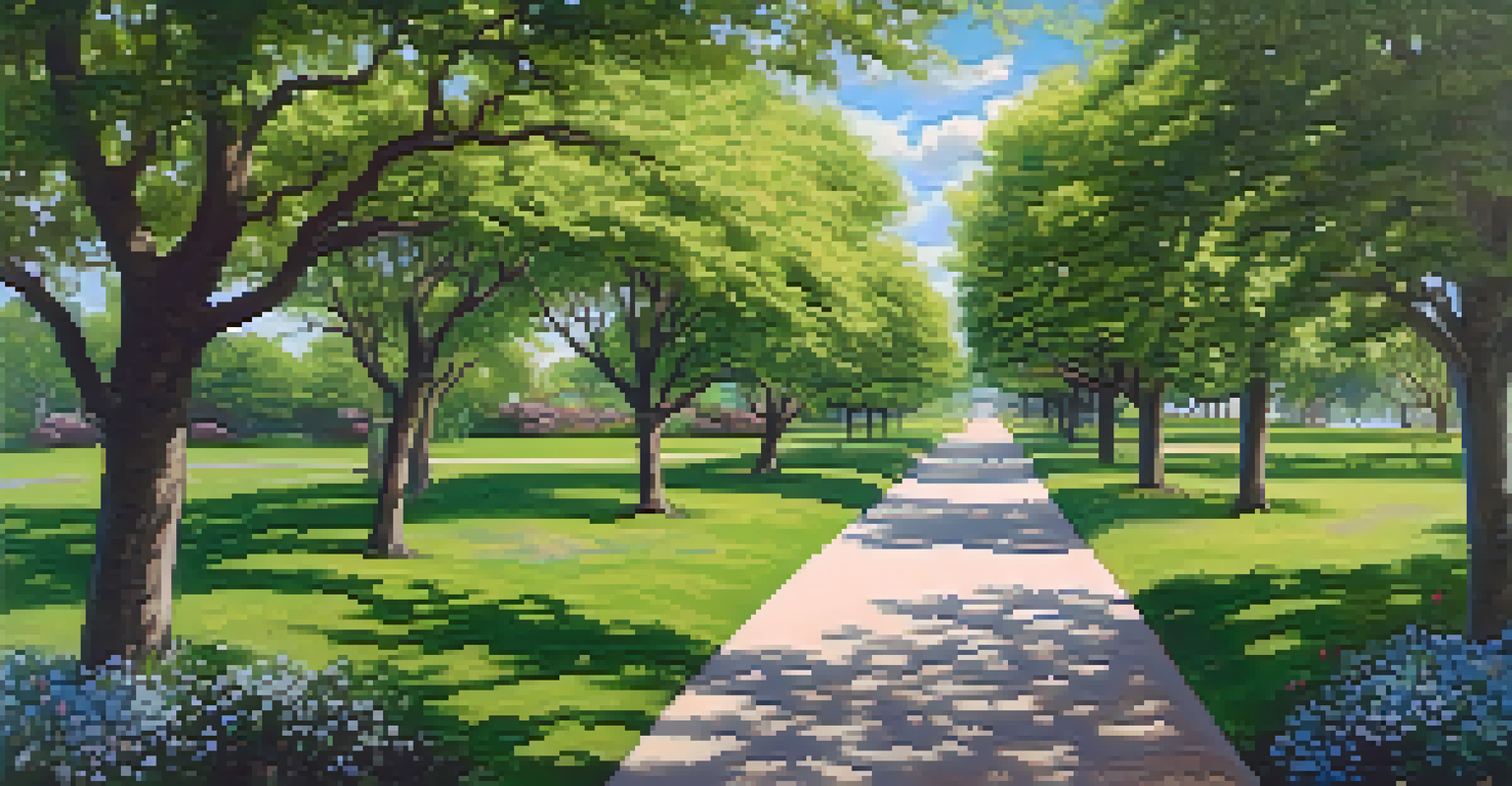 A jogging path in a green space in Compton with a person jogging under flowering trees and blue skies.