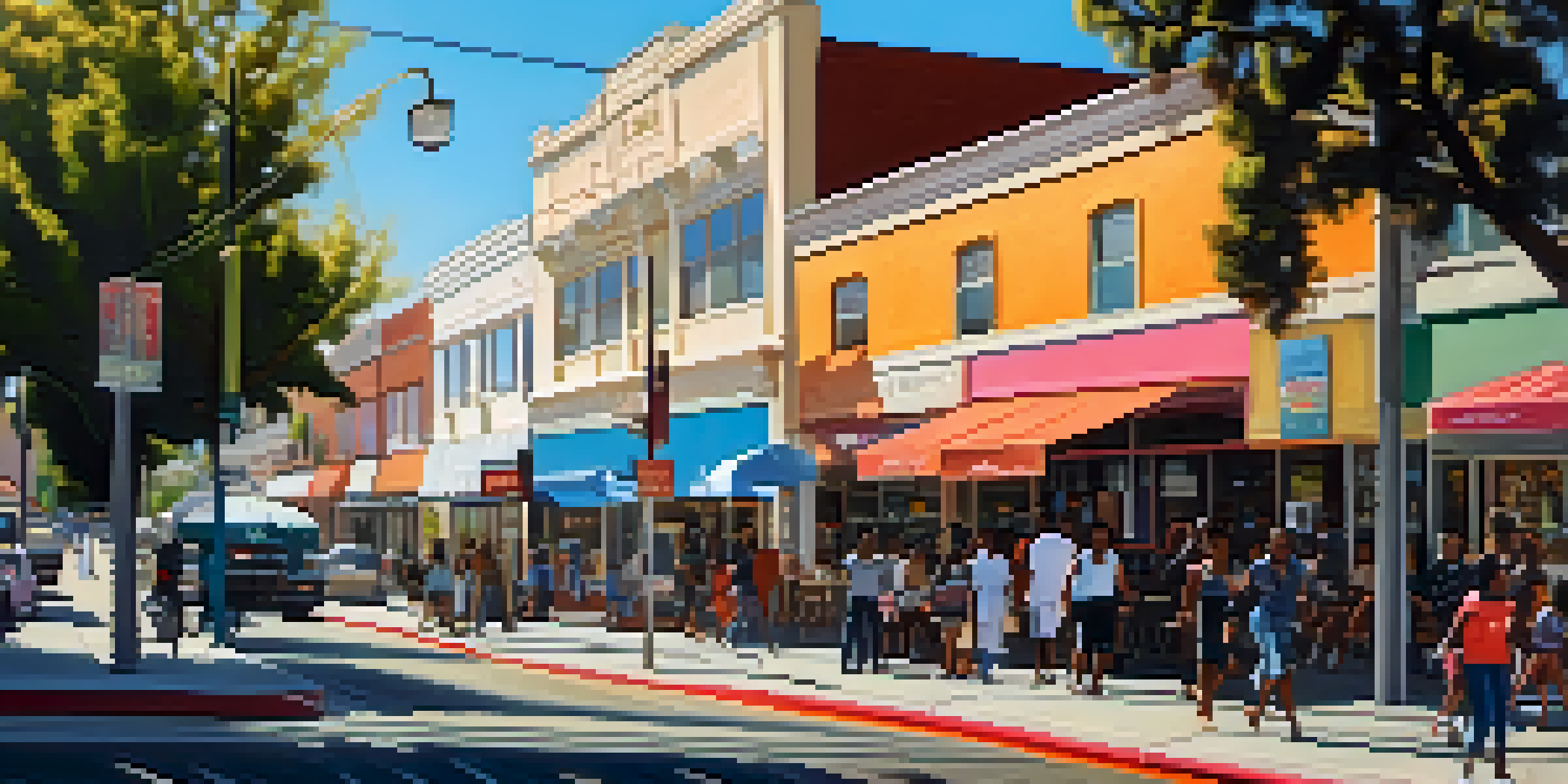 A busy street in Compton with a mix of people walking and cars, featuring colorful shops and trees under sunlight.