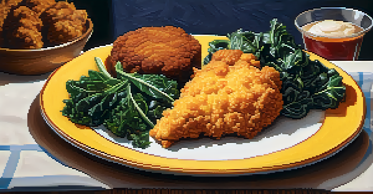 A close-up view of a modern soul food dish, showcasing fried chicken, collard greens, and cornbread, plated artistically with warm lighting.