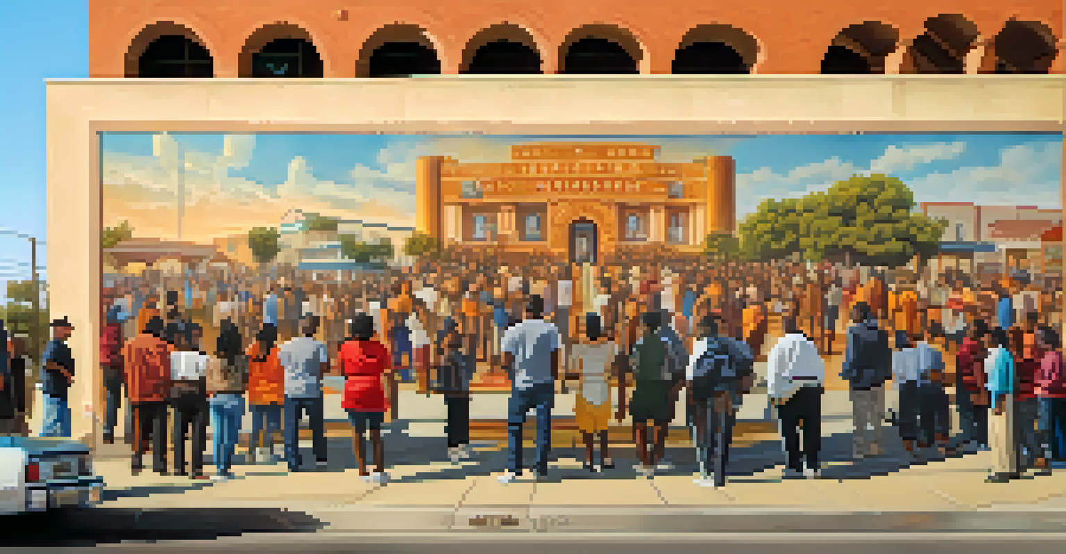 A historical mural depicting local heroes and cultural milestones in Compton, with community members admiring it.