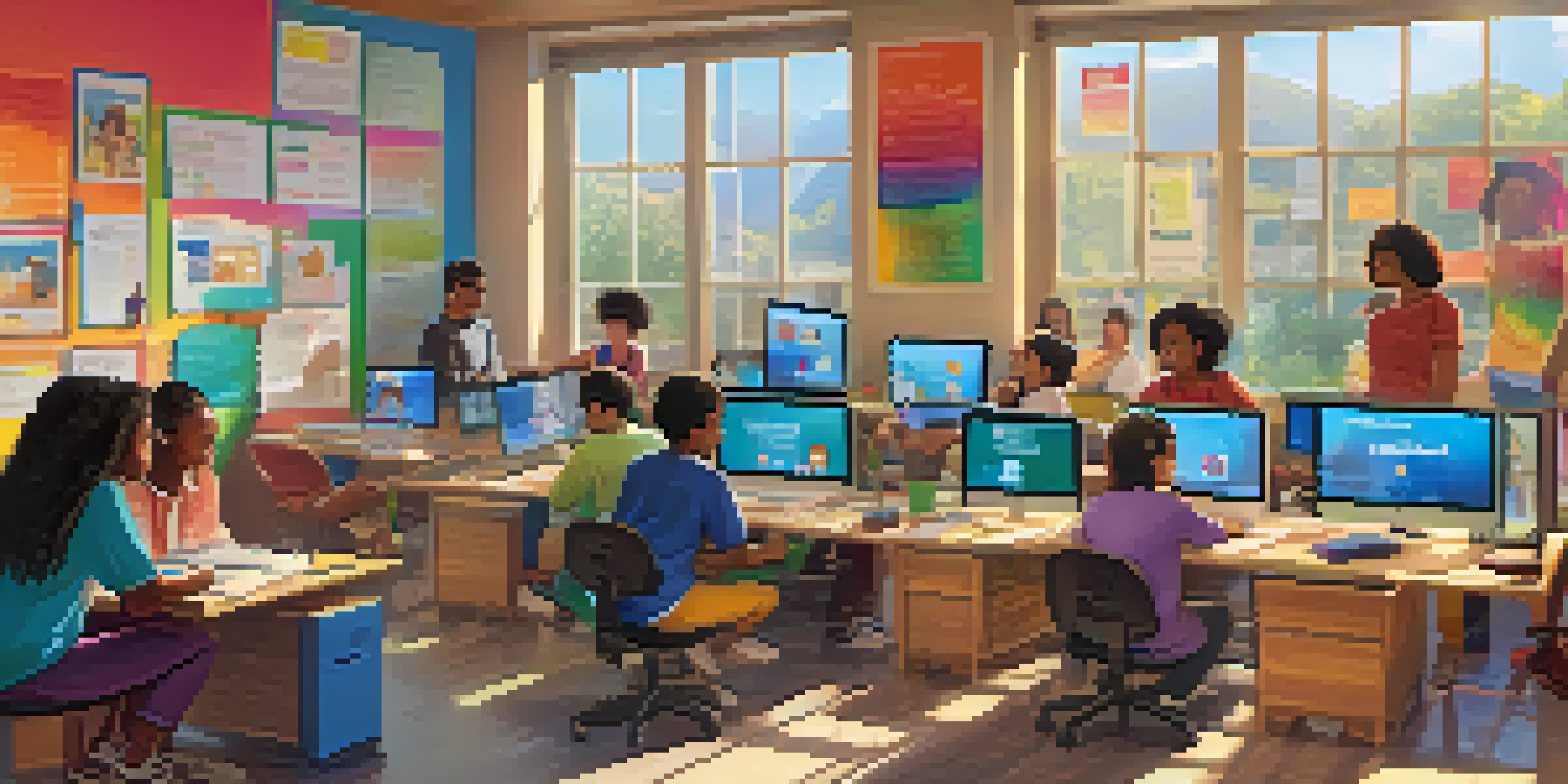 A lively virtual classroom with students of different backgrounds learning online, with colorful screens and bright natural lighting.