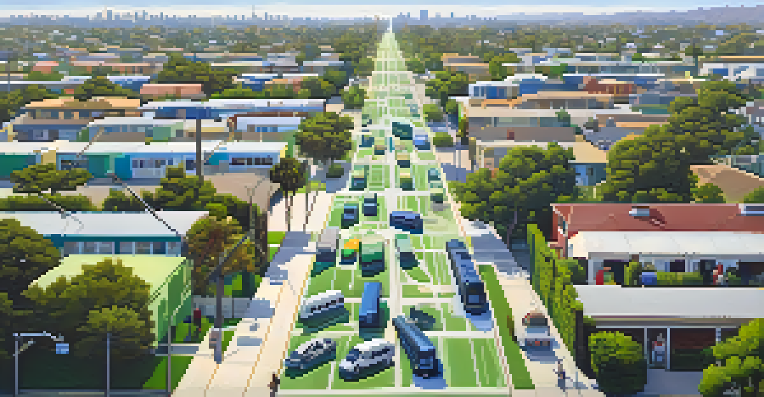 Aerial view of Compton highlighting buses and neighborhoods, with a mix of residential and commercial areas and green parks.