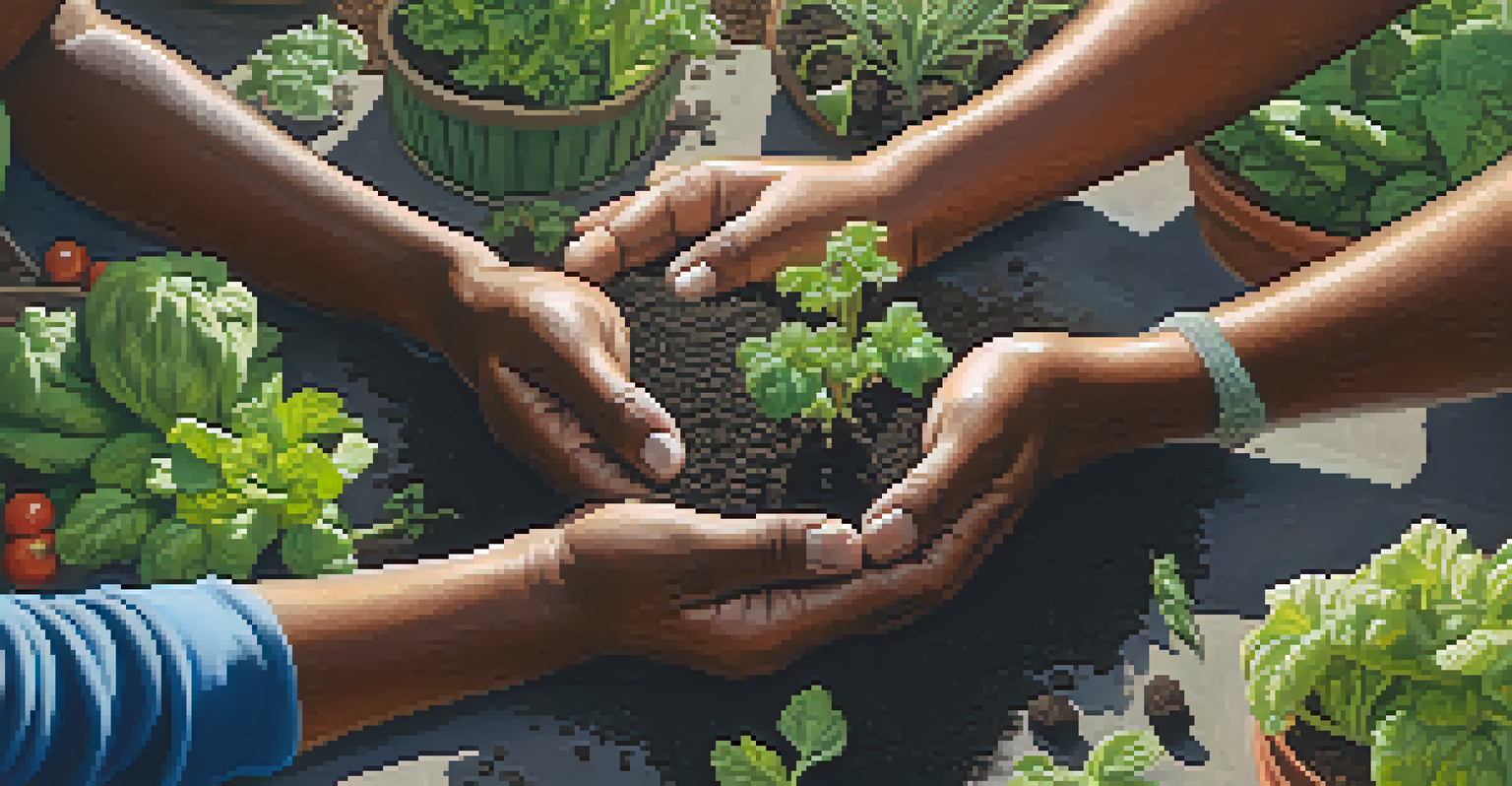 Hands planting seeds in a community garden with herbs and vegetables in the background.