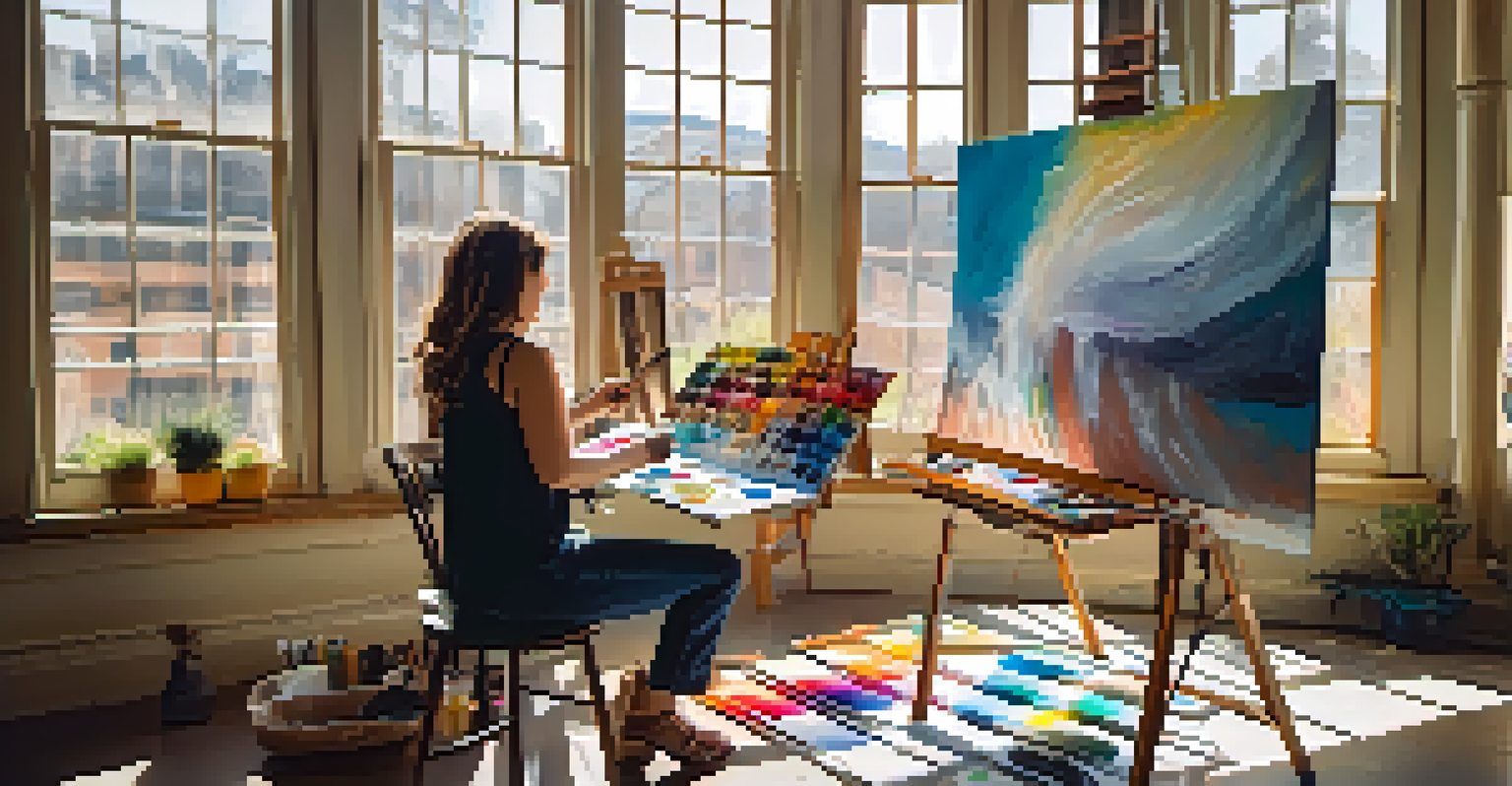 A local artist painting in a sunlit studio filled with art supplies and artworks on the walls.