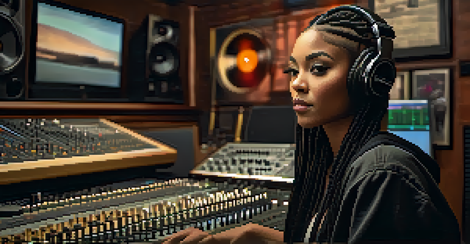 A female hip-hop producer working in a recording studio, surrounded by equipment and vinyl records, with a warm light casting on her focused expression.