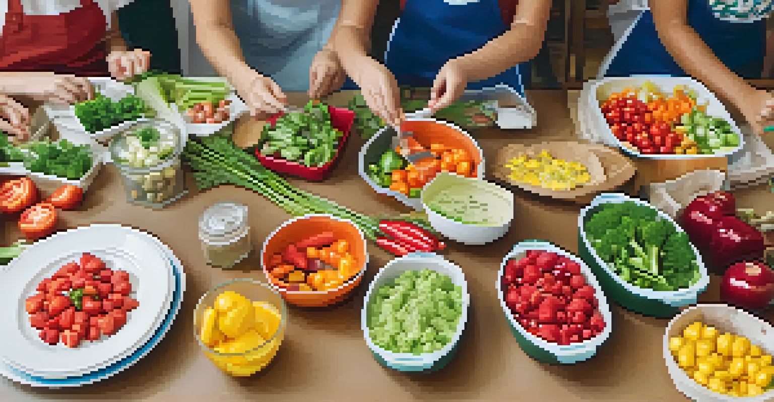 A group of young people actively participating in a nutrition workshop, surrounded by fresh produce and cooking tools, showcasing teamwork and excitement.