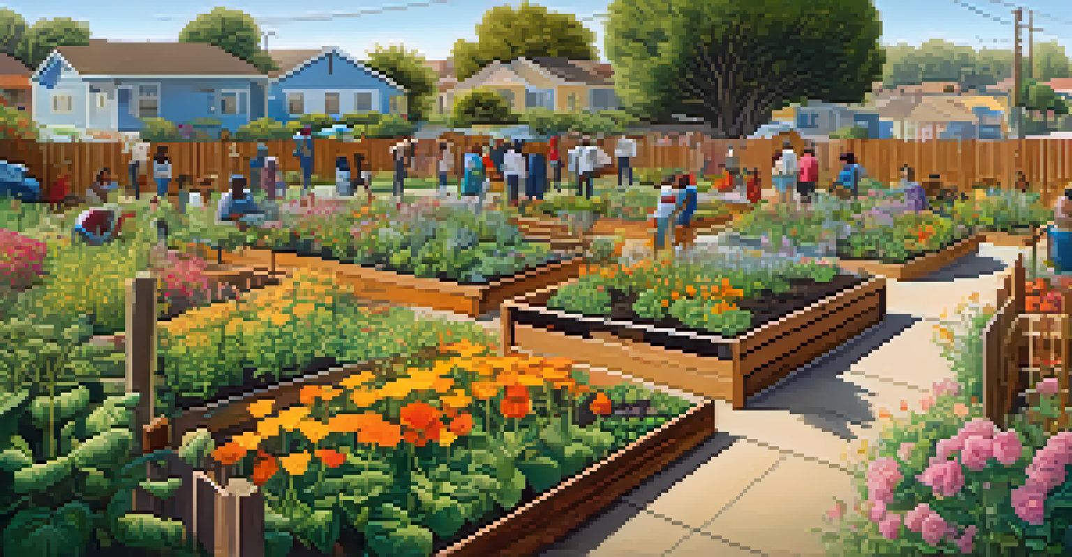 A community garden in Compton with residents tending to plants, surrounded by vibrant flowers and a cultural mural.