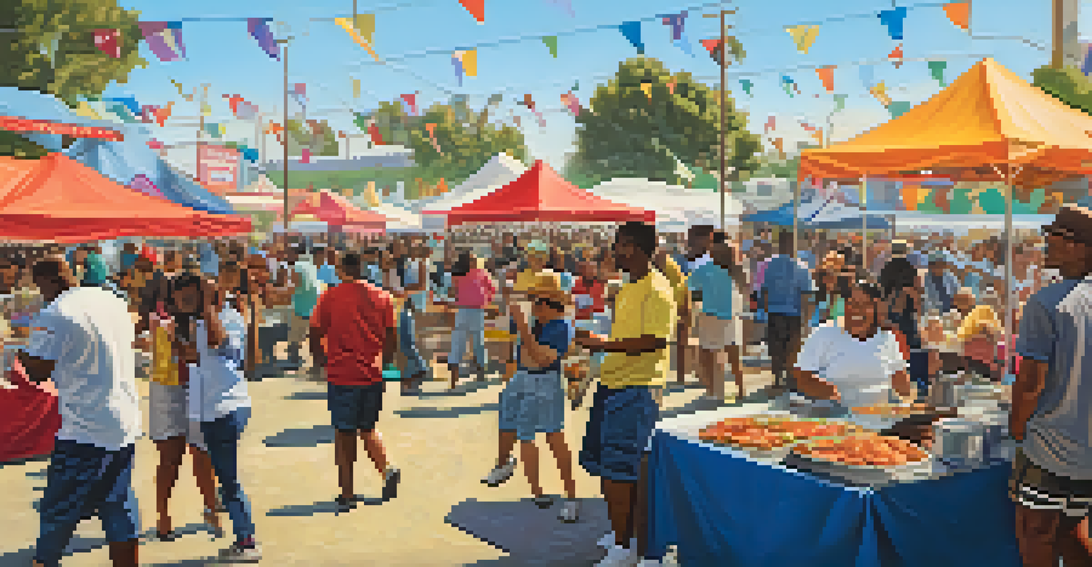 A lively BBQ festival in Compton, featuring people enjoying local foods and colorful tents under a sunny sky.