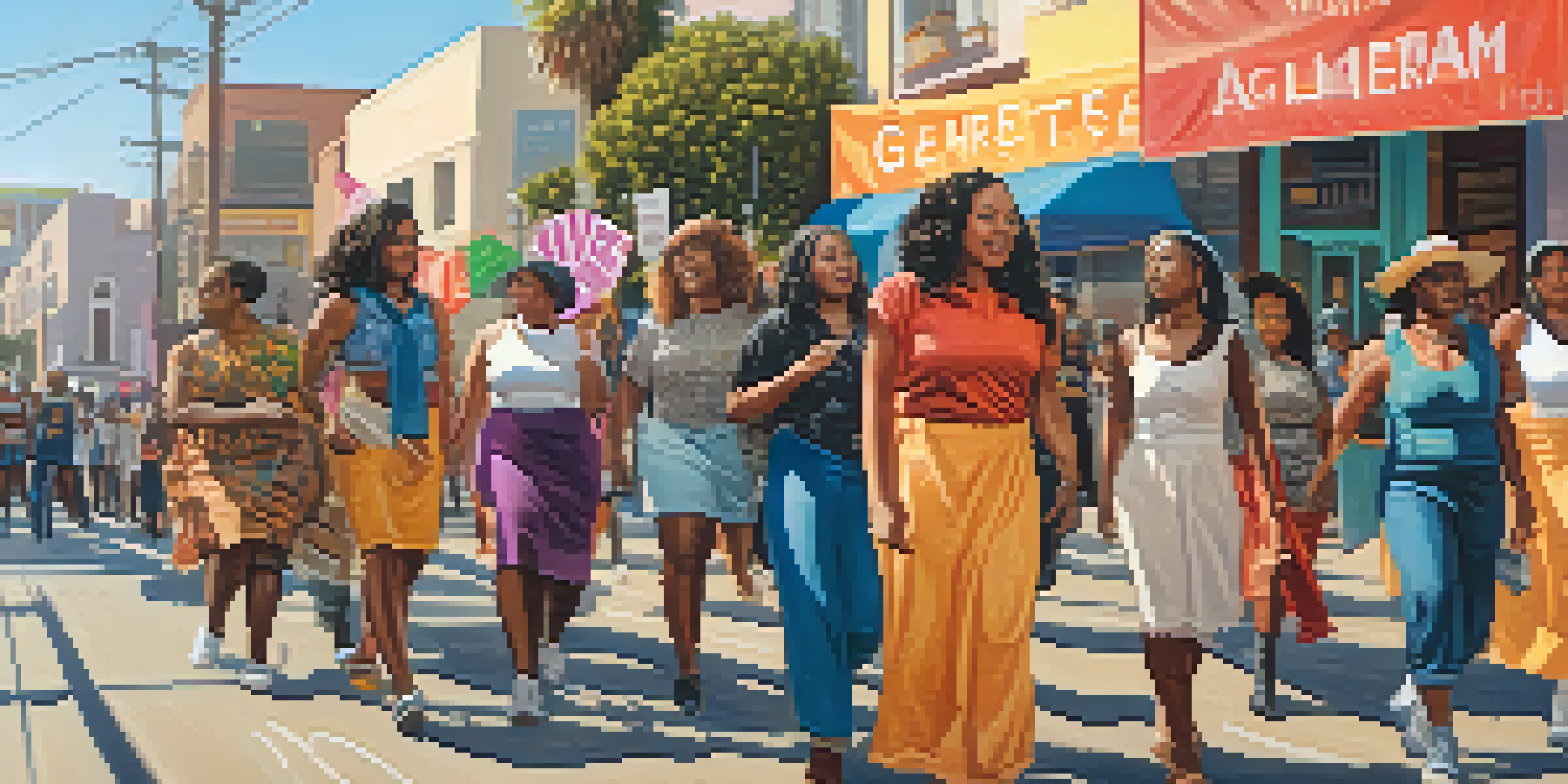 A diverse group of women in Compton participating in a community organizing event, surrounded by colorful banners and historical buildings, under warm sunlight.