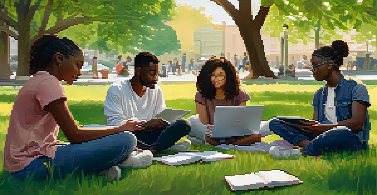 Diverse young activists in a park, discussing and collaborating on community issues, surrounded by nature and greenery.