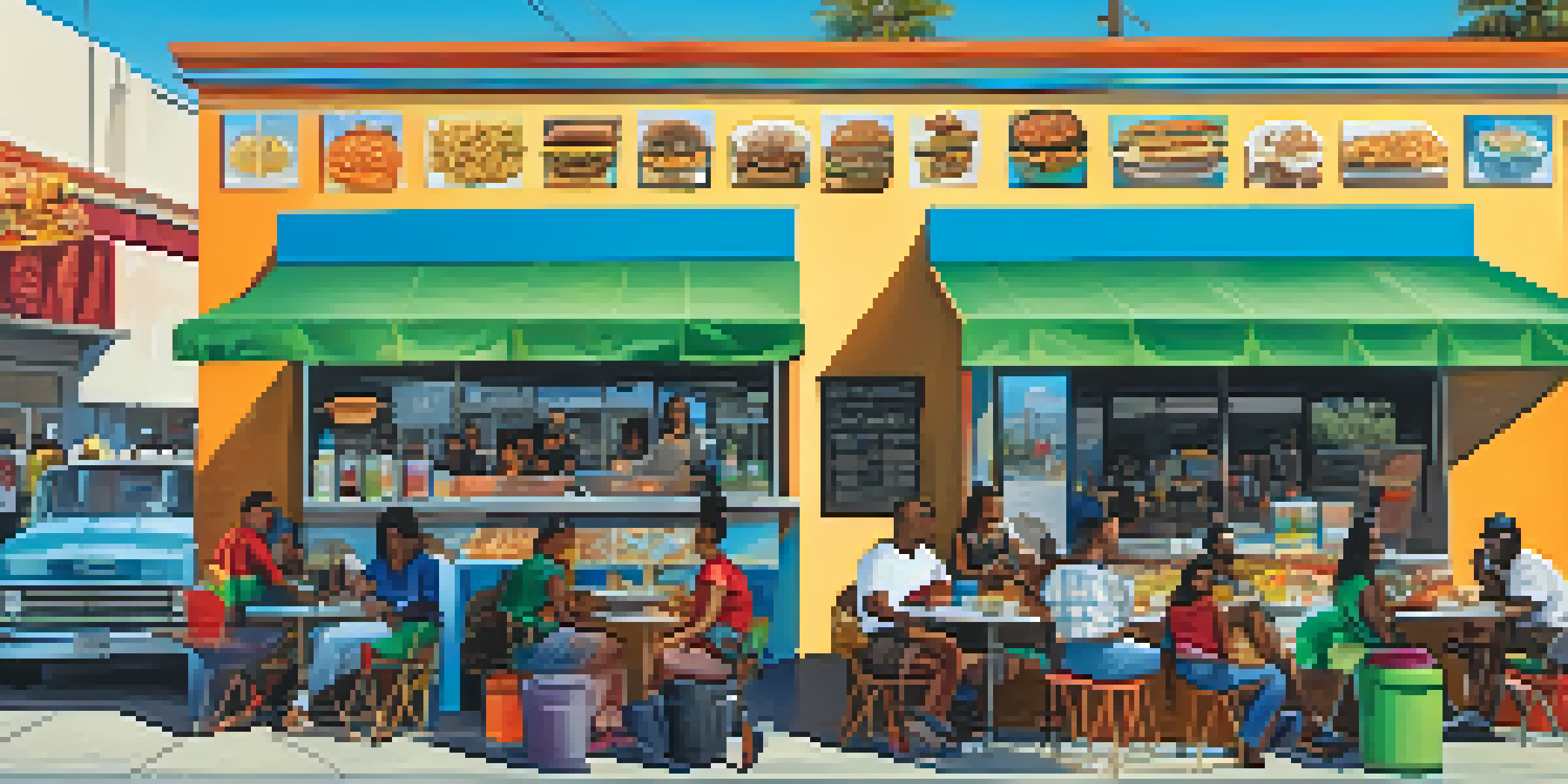 A lively street view of a food truck in Compton, with people dining outdoors and colorful murals in the background.