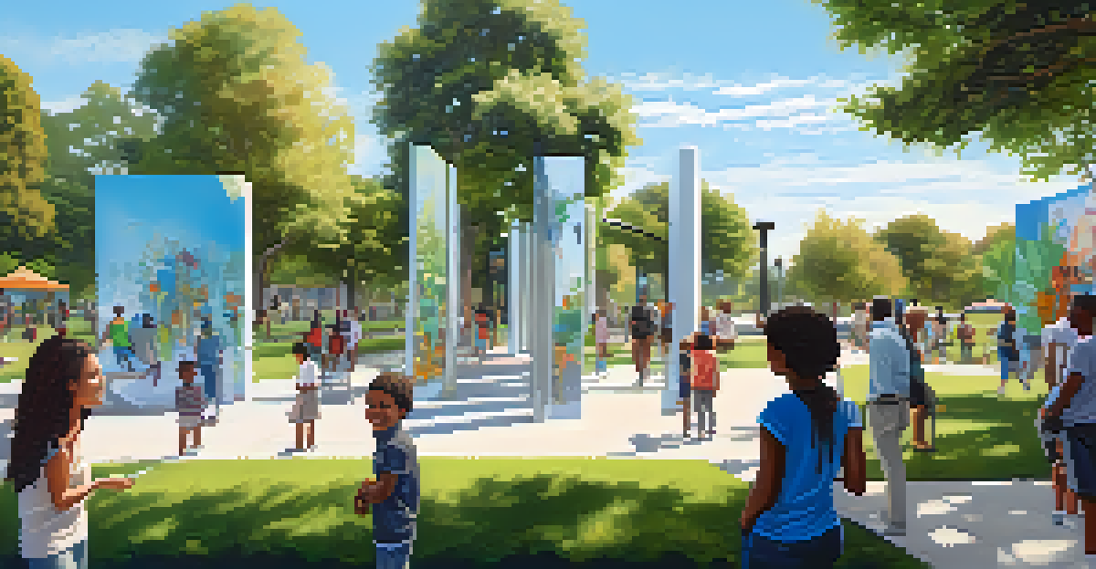 An interactive public art installation in a park in Compton, surrounded by greenery and families enjoying the space.