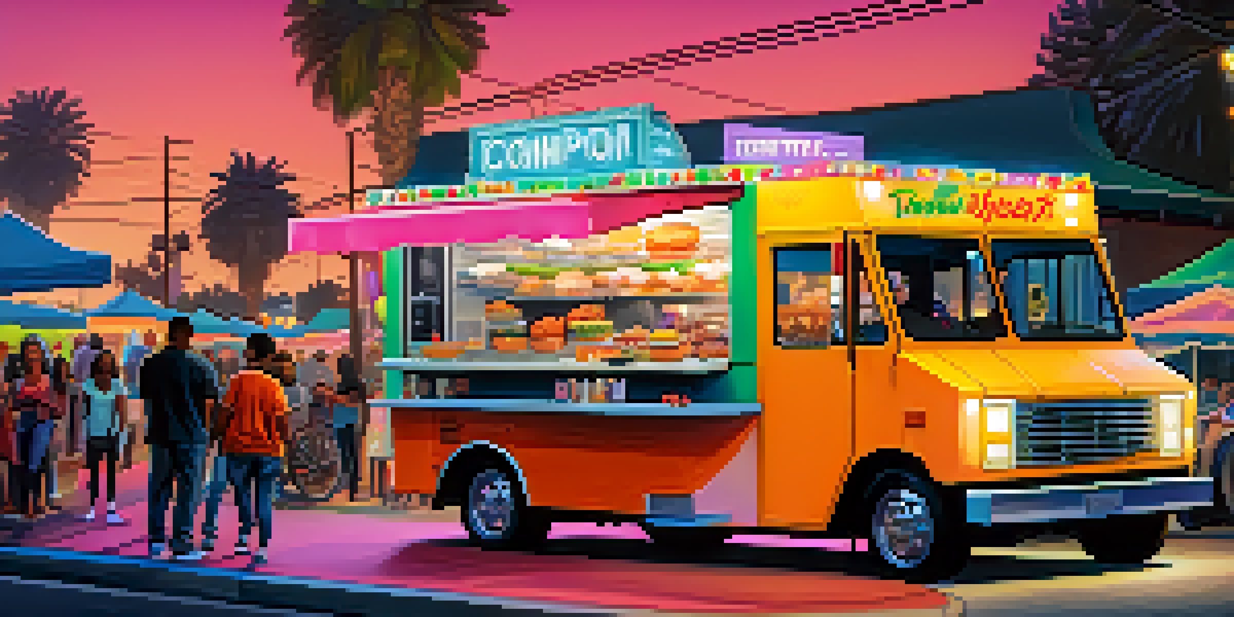 A lively night scene in Compton with colorful food trucks and diverse groups of people enjoying food together.