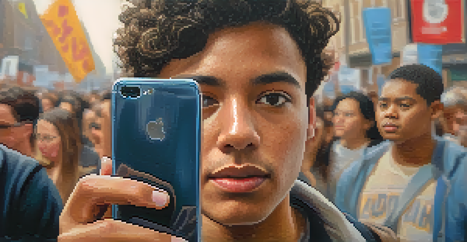 A close-up of a young activist capturing a protest moment with a smartphone, showing determination.