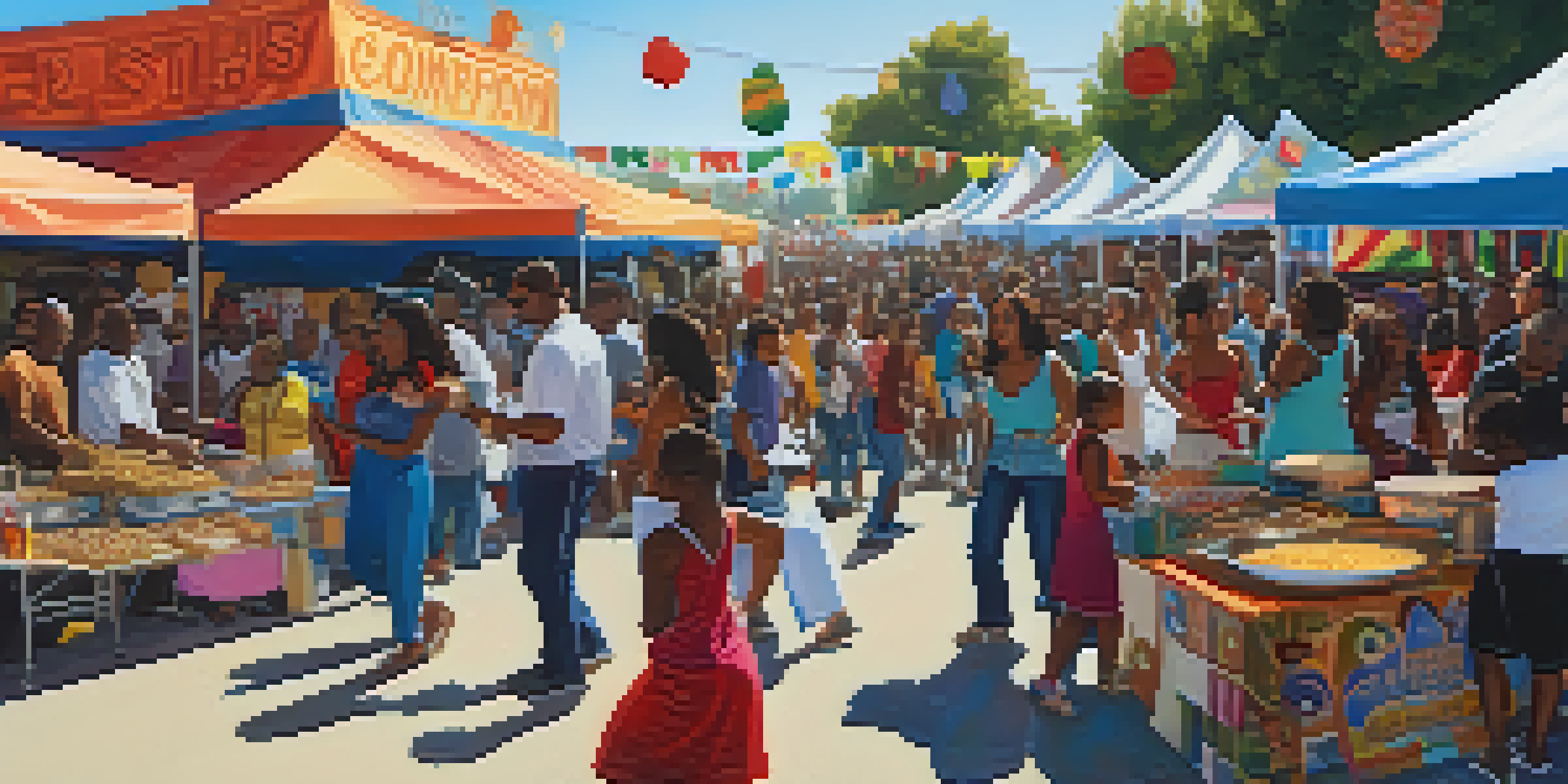 A lively community festival in Compton with local artists and musicians, food stalls, and families enjoying the event under a clear blue sky.