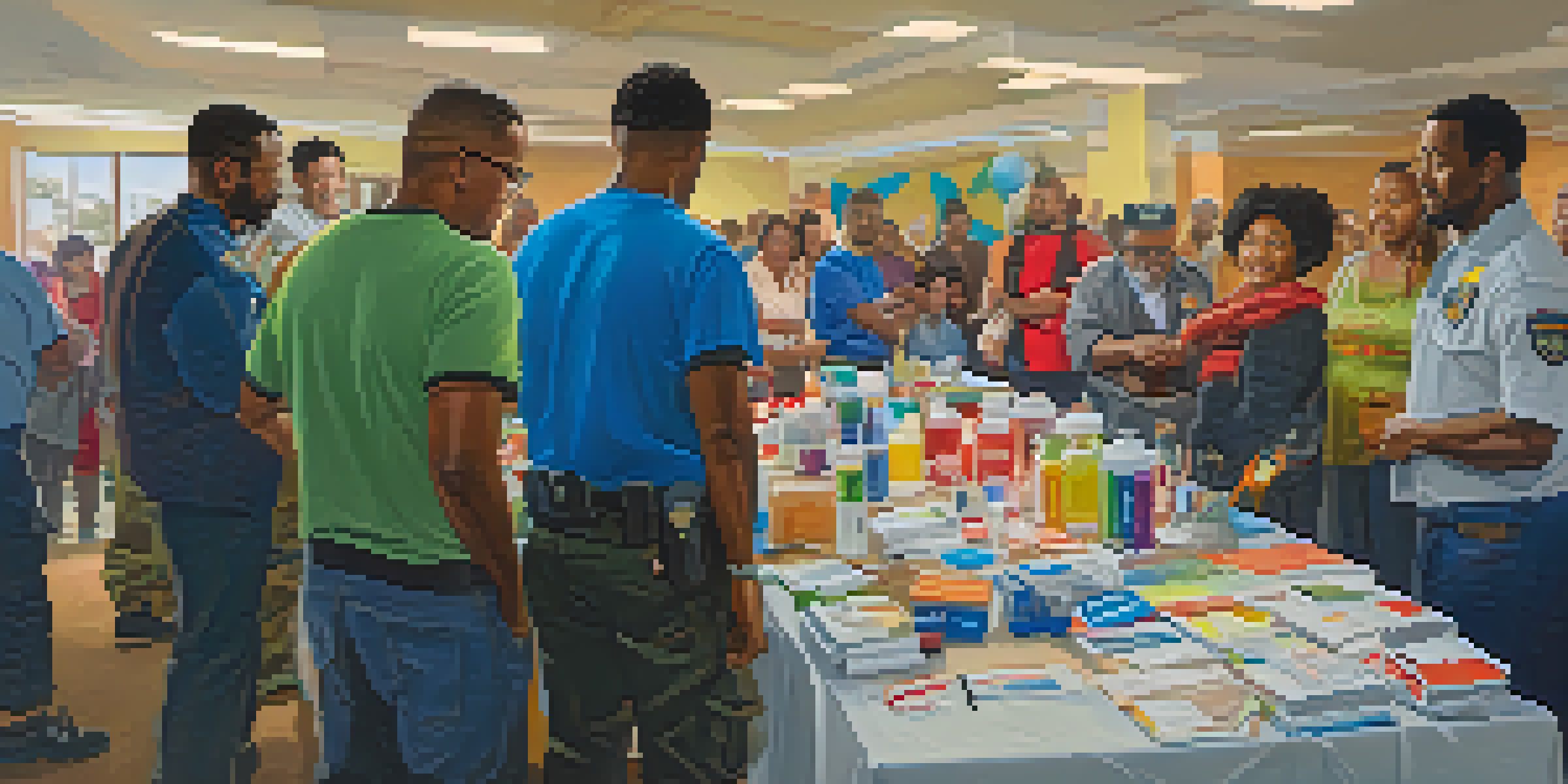 A community workshop in Compton with residents making emergency preparedness kits, featuring diverse individuals and colorful materials under warm lighting.