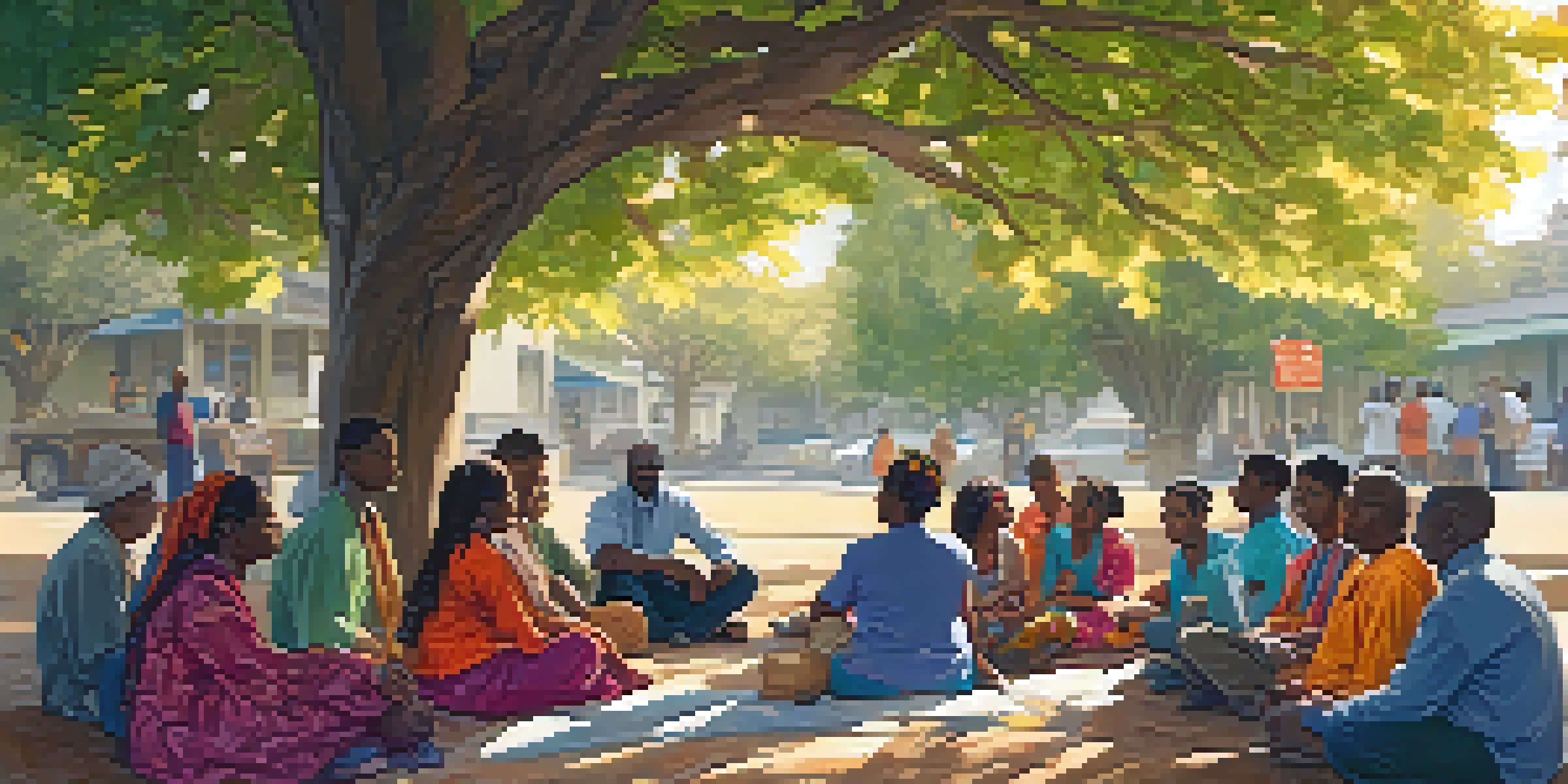 A diverse group of people in Compton sharing stories under a large tree, with sunlight filtering through the leaves, showcasing expressions of joy and contemplation.