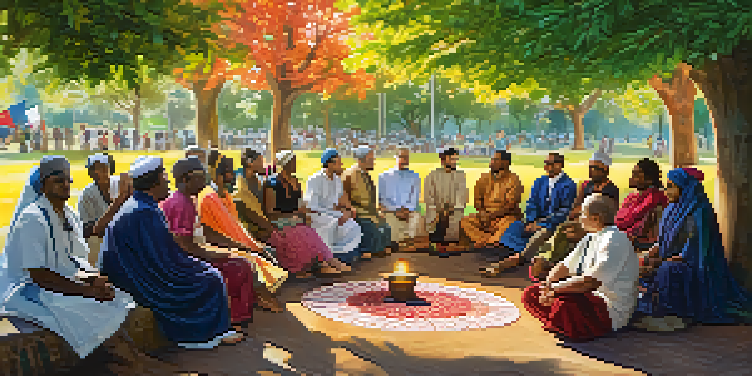A diverse group of people engaging in dialogue at a community park, surrounded by trees and colorful banners.