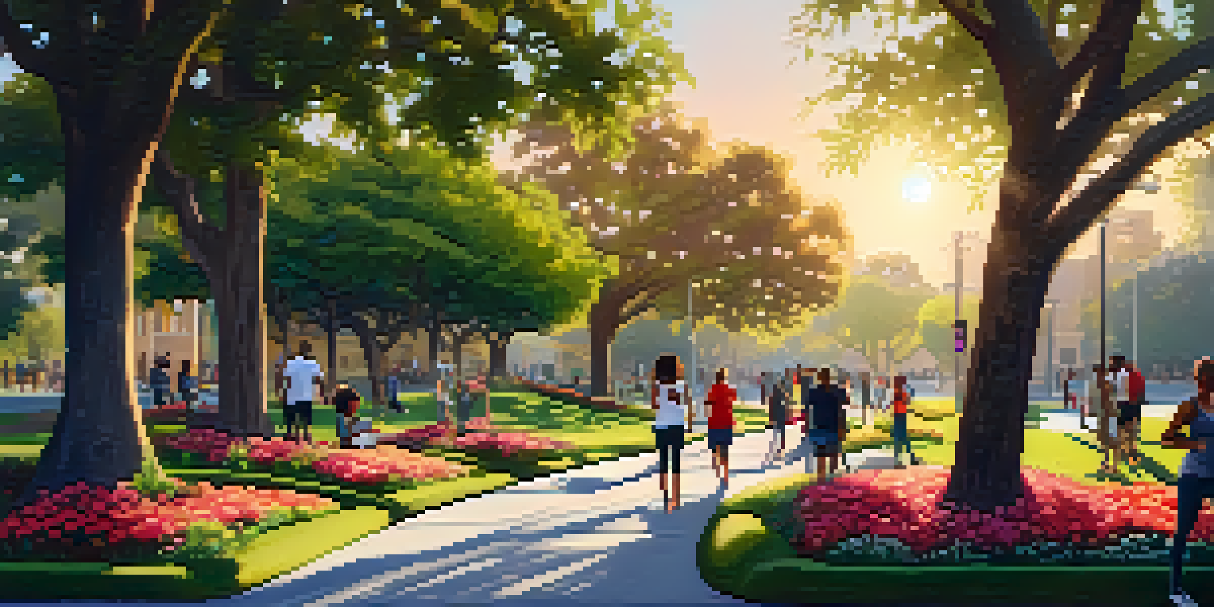 A vibrant urban park filled with greenery and flowers, with people enjoying outdoor activities during sunset.