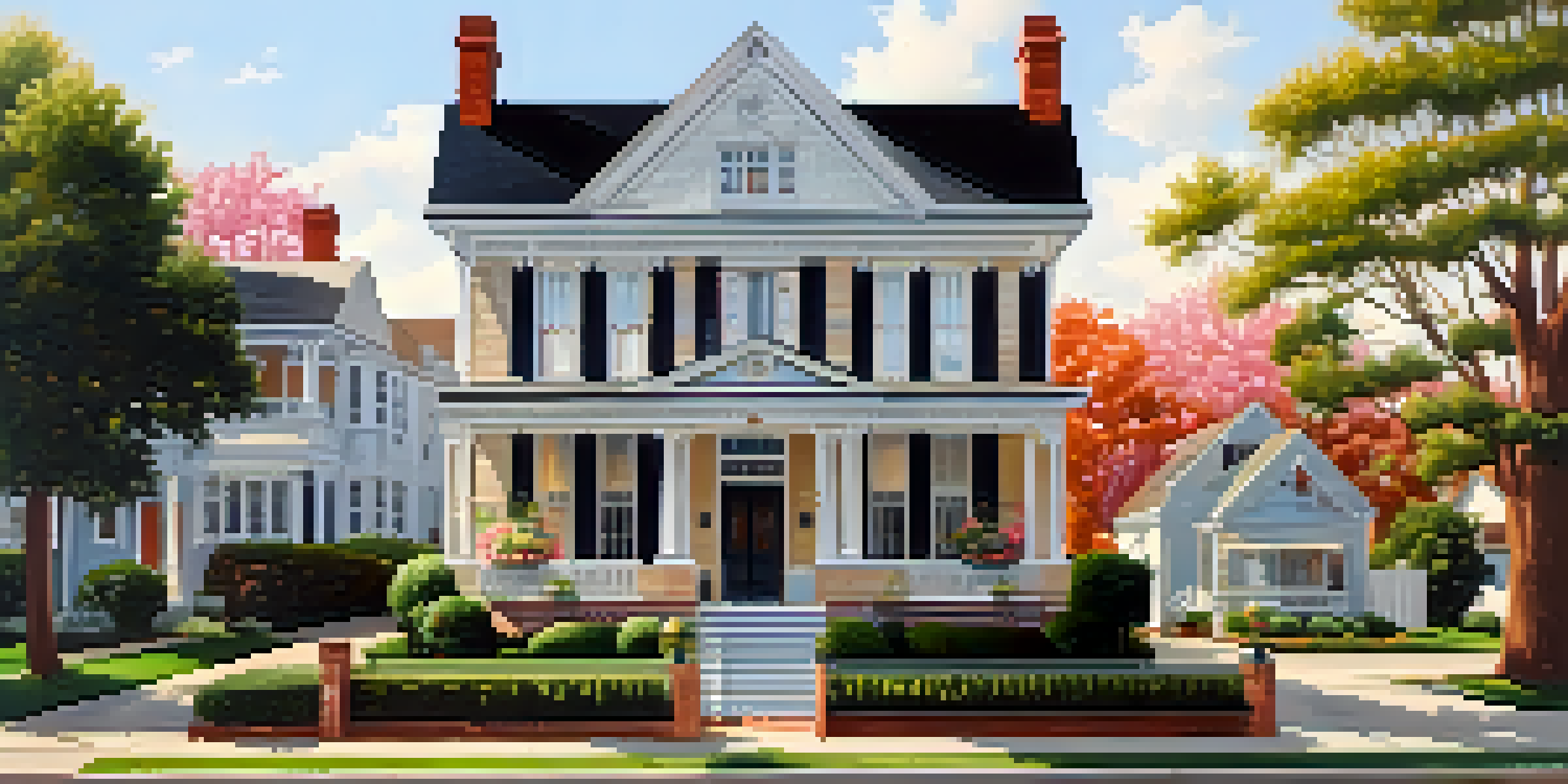 A sunny street lined with Colonial Revival homes featuring symmetrical designs, gabled roofs, and lush front gardens.