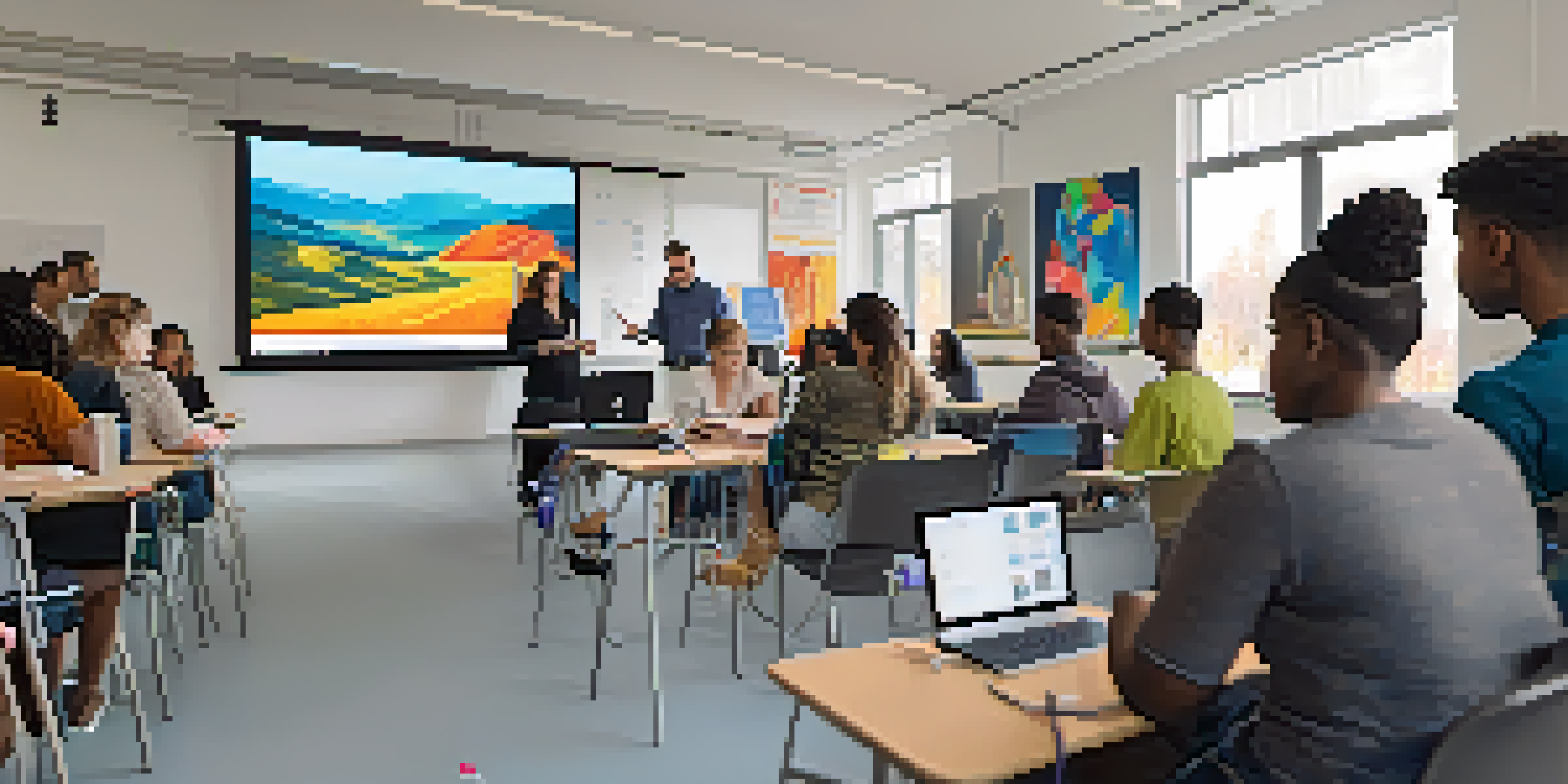 A bright classroom with diverse participants engaged in a tech workshop, using laptops and tablets while an instructor demonstrates on a projector screen.