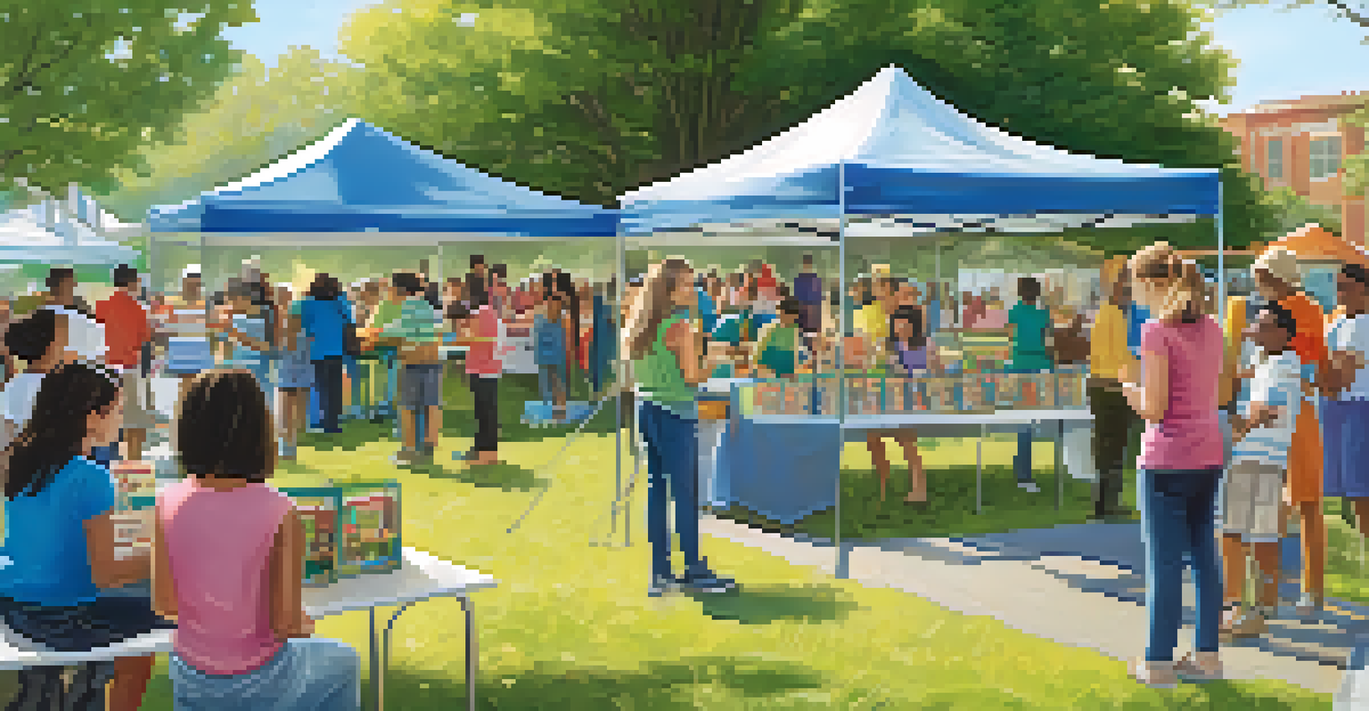A vibrant outdoor community event with families and educators interacting around educational booths, with children participating in learning activities under a clear blue sky.