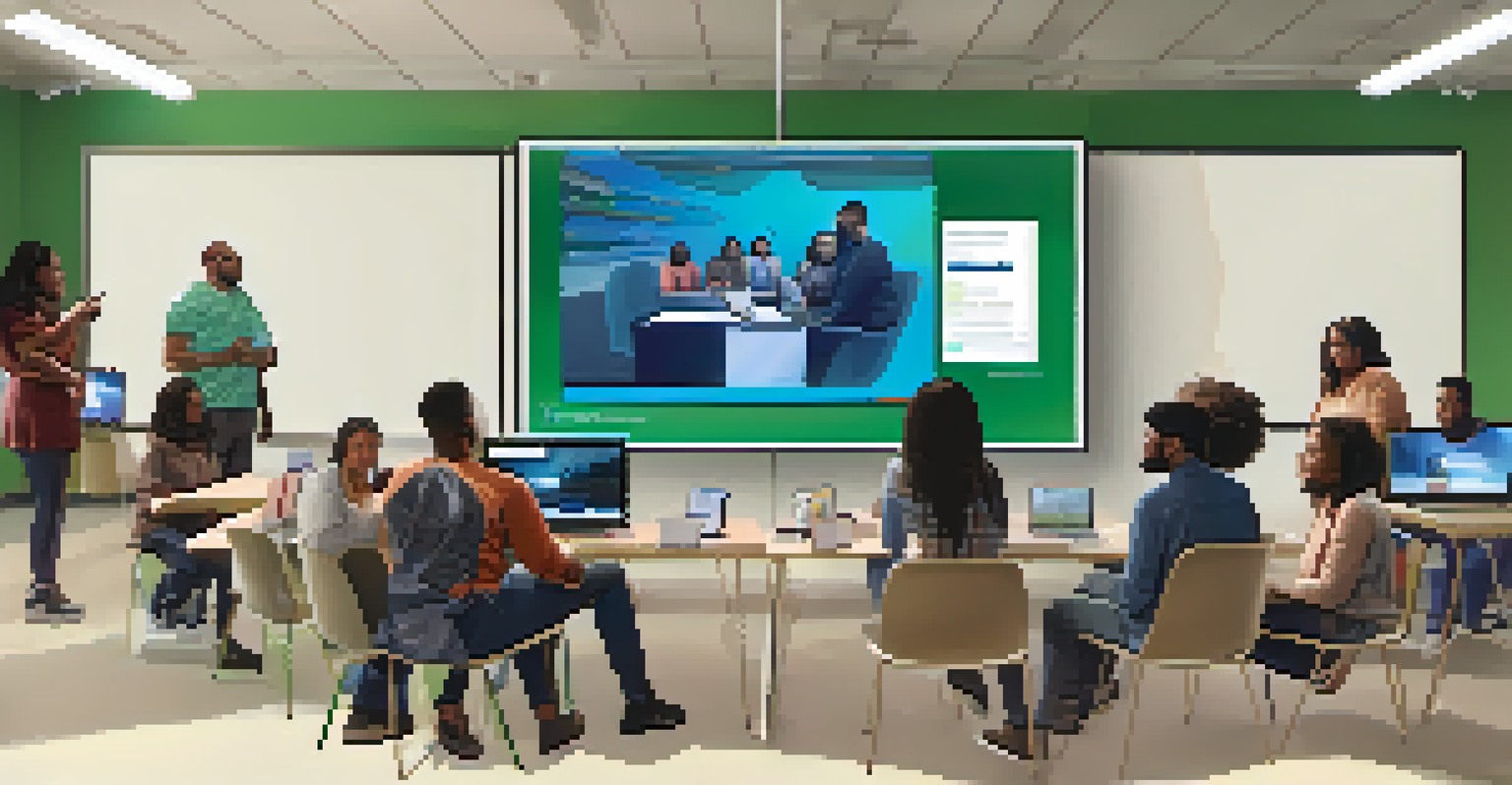 Residents in a community center of Compton gathered around laptops and tablets, engaging in a virtual meeting with a screen displaying a live discussion.