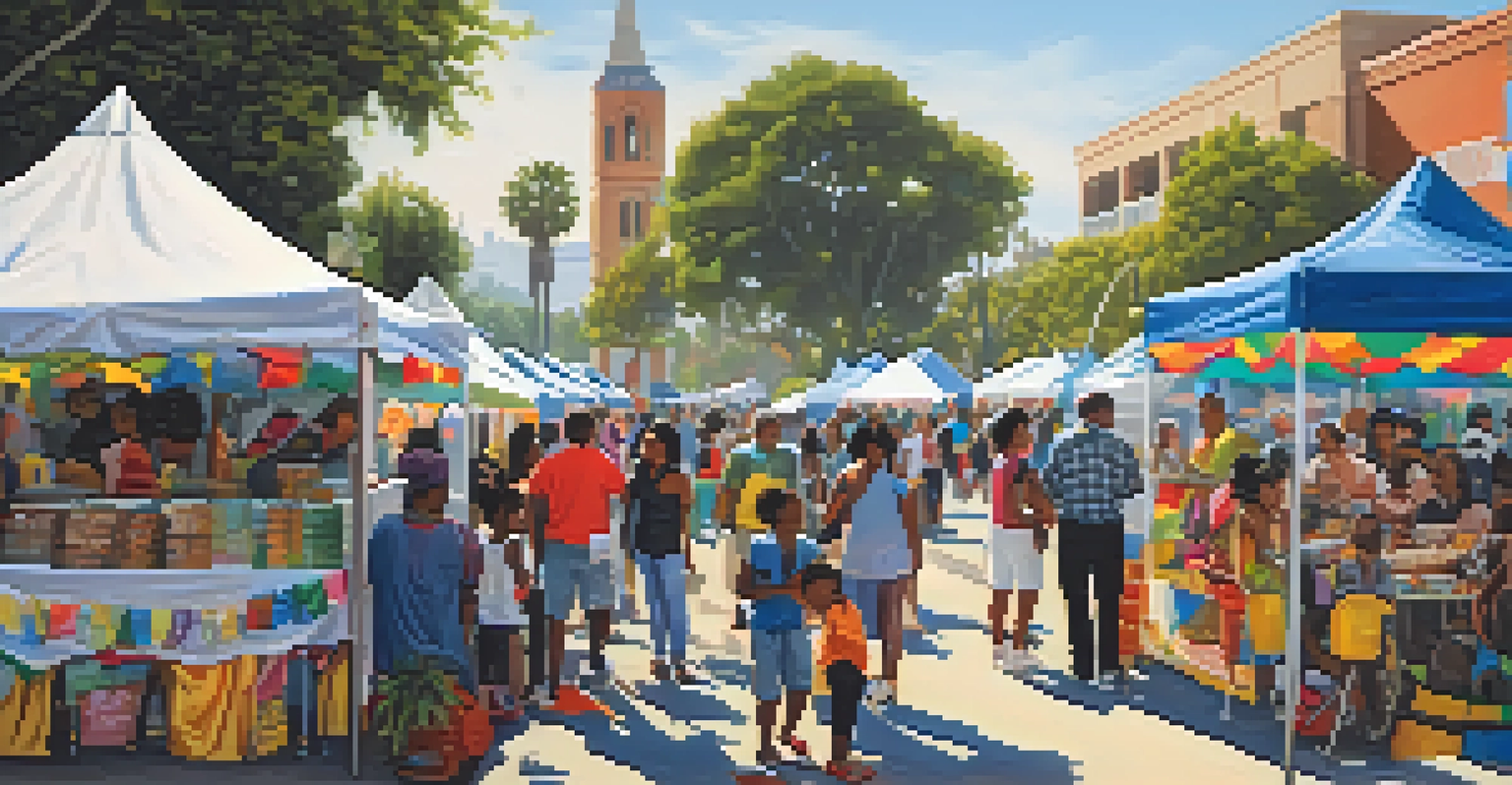 An outdoor festival scene with people enjoying music, food, and art, celebrating community culture.