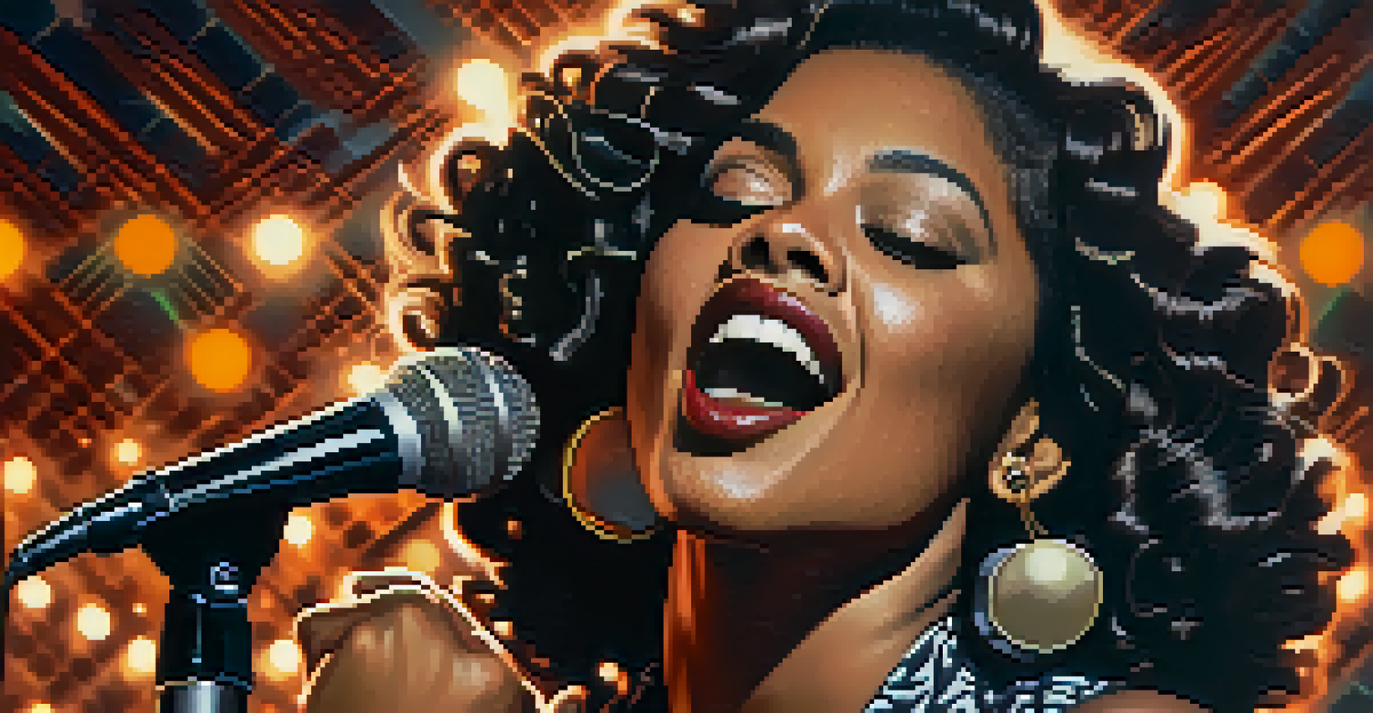A close-up portrait of a female R&B artist singing into a vintage microphone in a dimly lit recording studio.