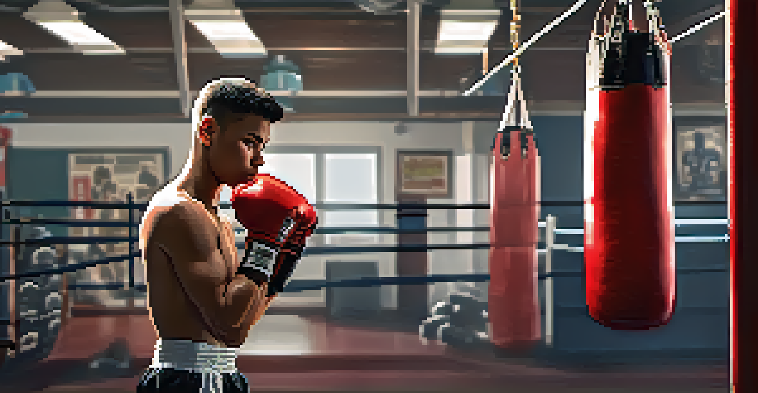A young boxer training with intensity in a gym, wearing red gloves and practicing punches on a heavy bag.