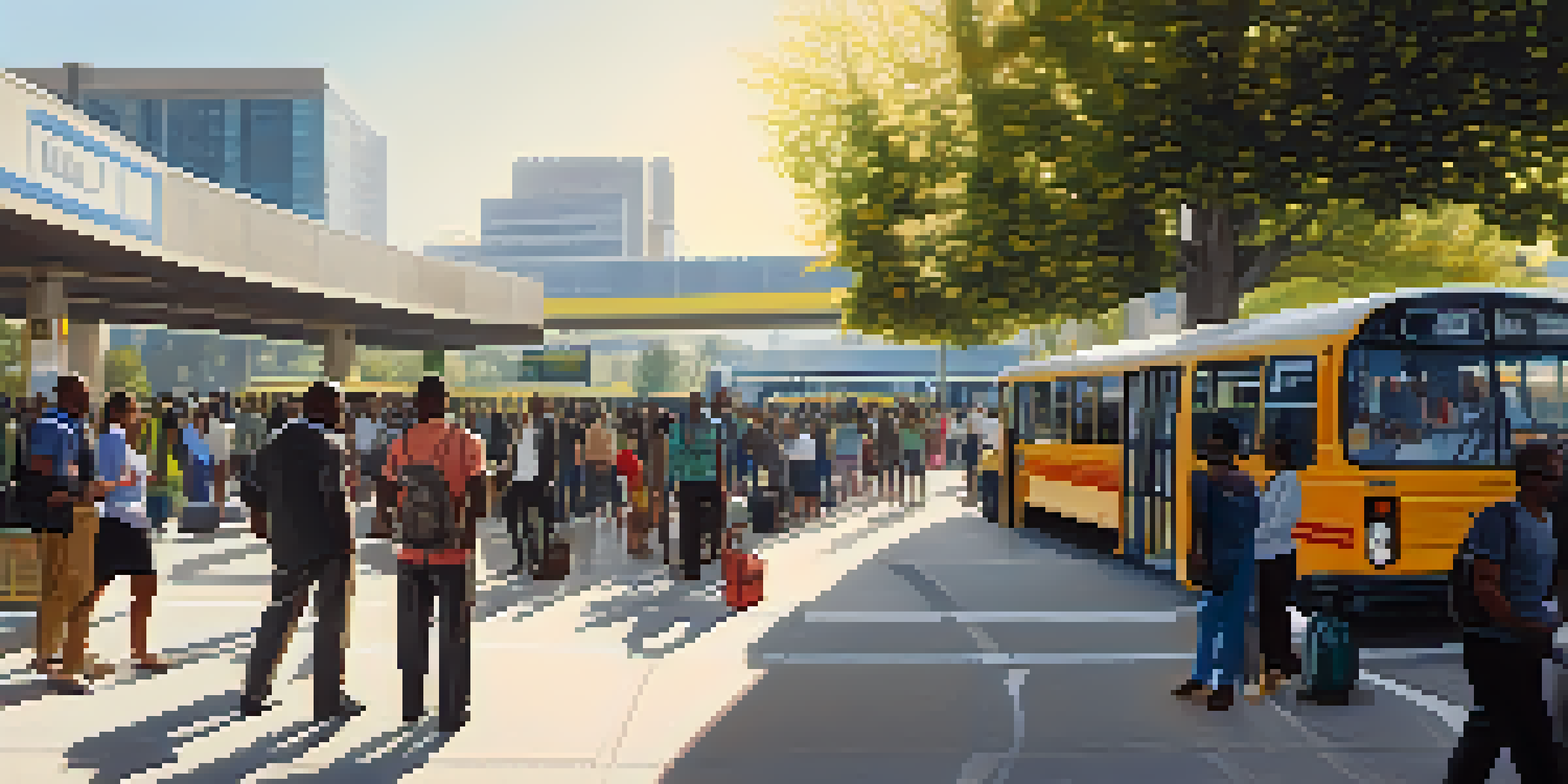 A busy bus station in Compton filled with diverse commuters and digital screens showing bus routes.