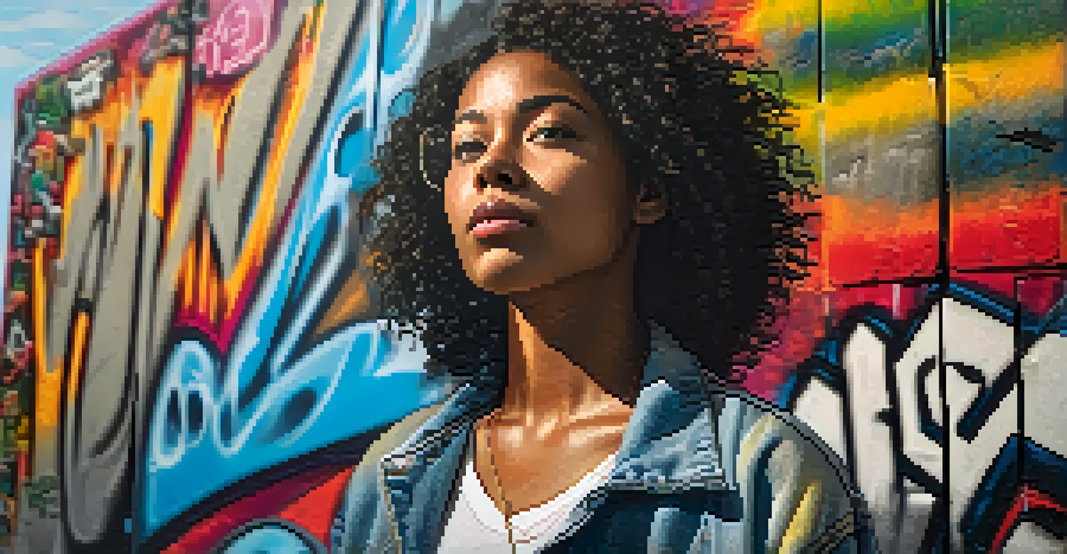 A young woman standing confidently in front of a colorful graffiti wall in Compton.
