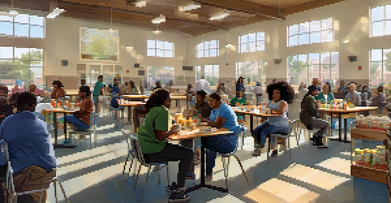 A community center in Compton filled with light, showing people engaged in a food drive project, emphasizing community spirit.