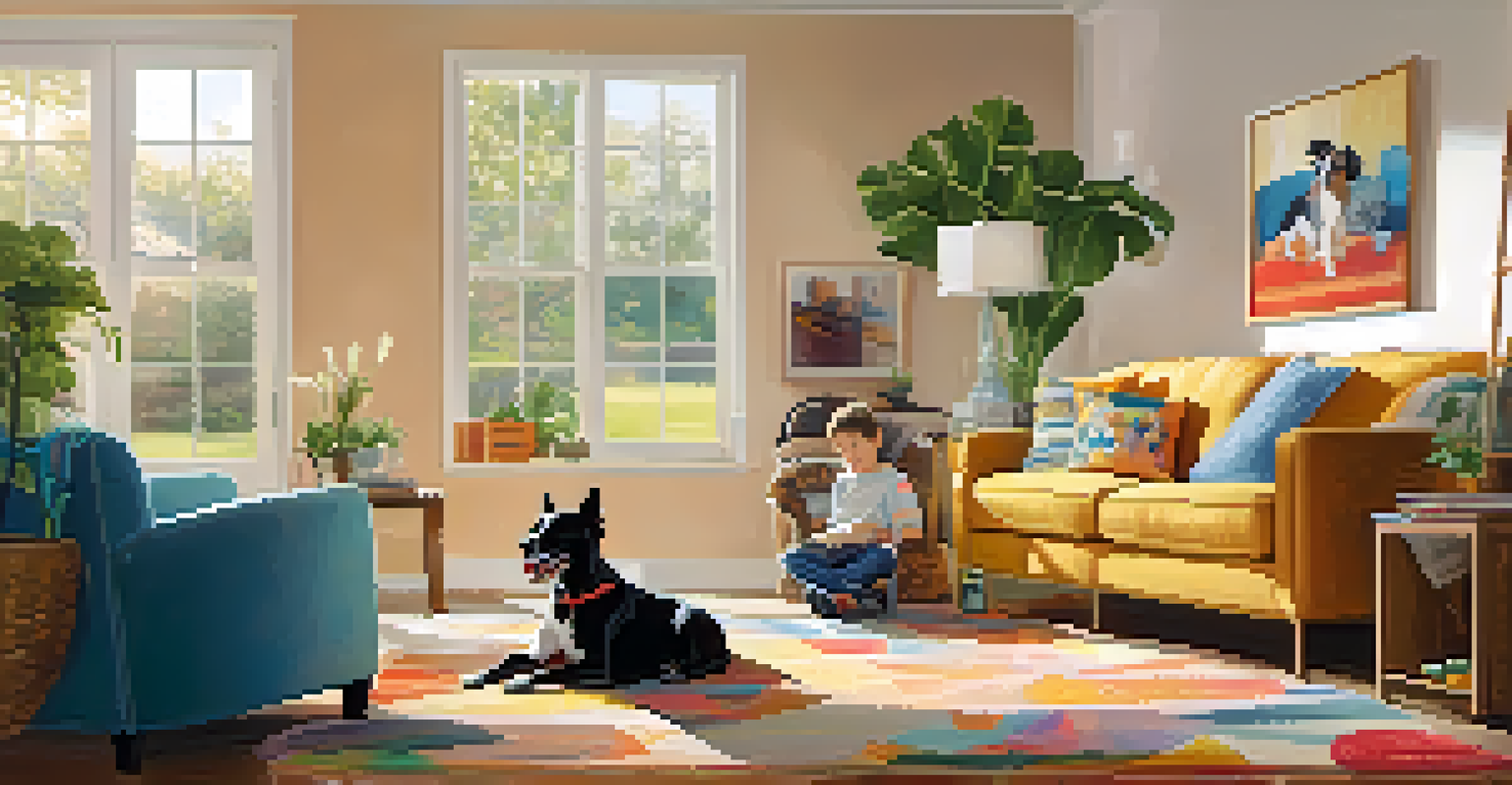 A newly adopted dog relaxing in its home, surrounded by a happy family in a bright and cozy room.