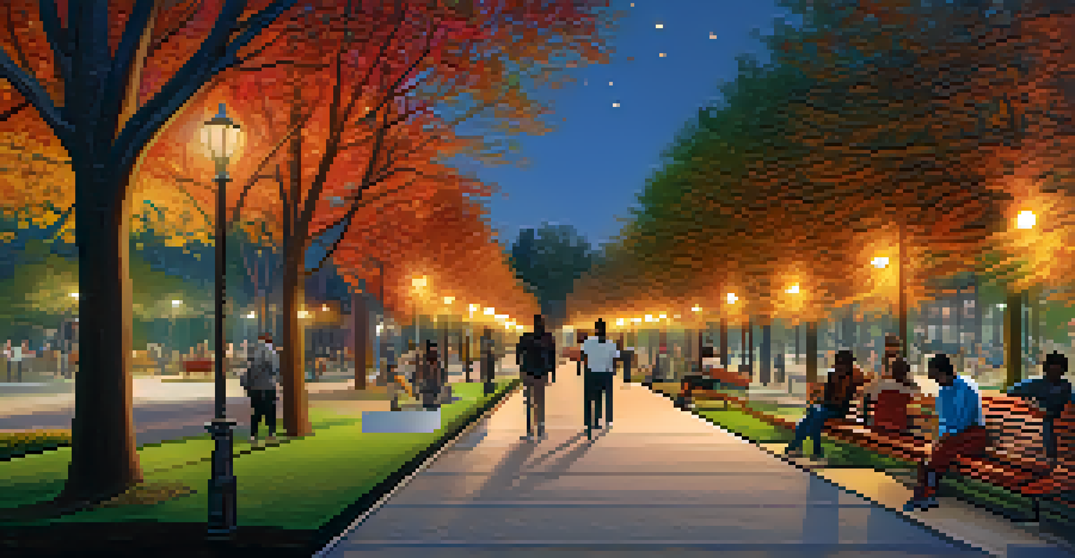 A well-lit park walkway in Compton, surrounded by trees and benches, with people walking and vibrant murals in the background.