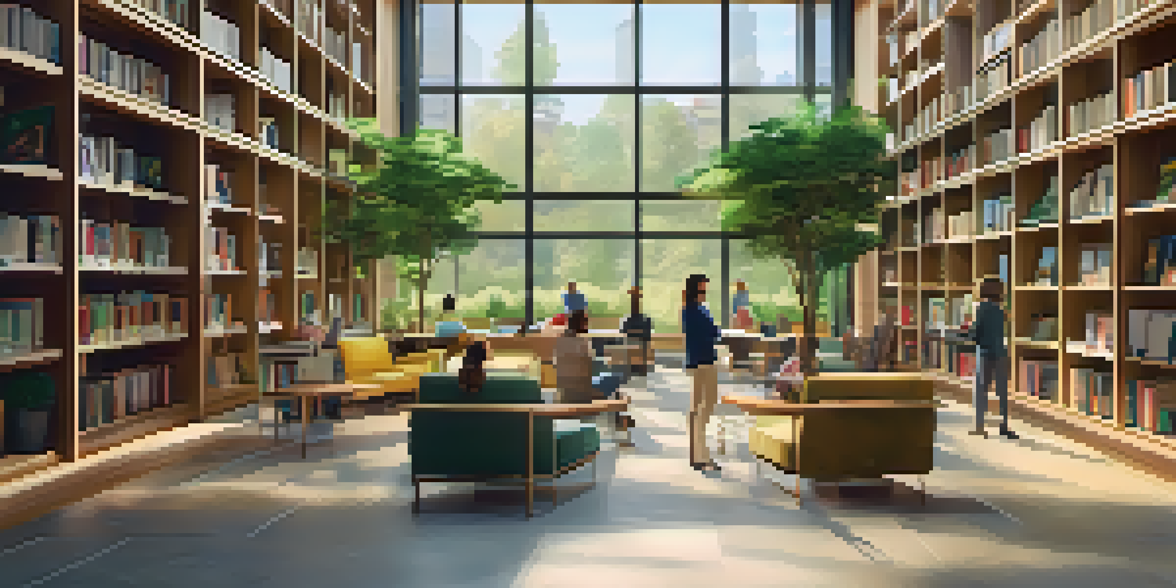 A modern library interior with patrons browsing digital catalogs on tablets and laptops, surrounded by bookshelves and natural light.