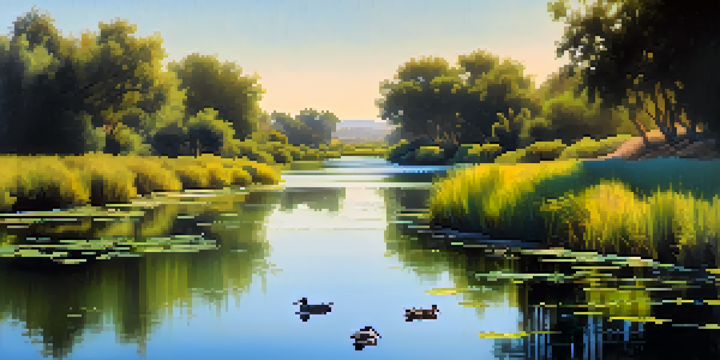 A peaceful view of the Dominguez Channel, with clear water and lush greenery along the banks, illuminated by sunlight.