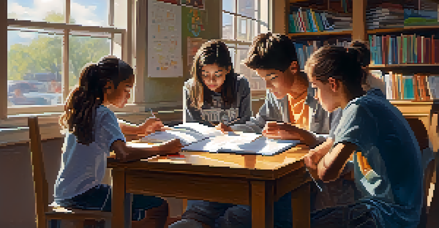 A high school student mentoring younger children with homework, surrounded by educational materials and warm sunlight.