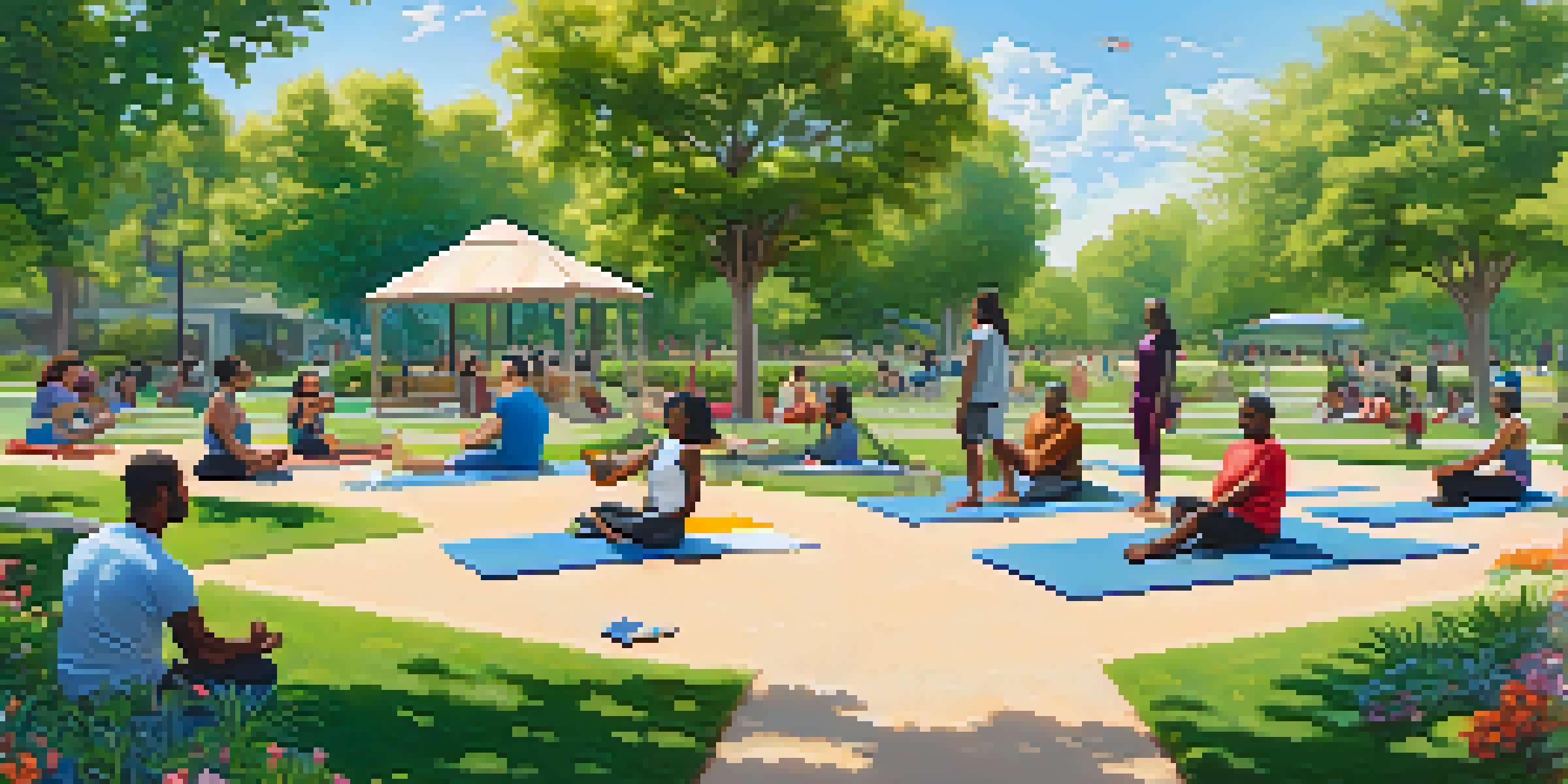 A community park with diverse individuals practicing yoga, reading, and conversing, surrounded by greenery and flowers under a clear blue sky.