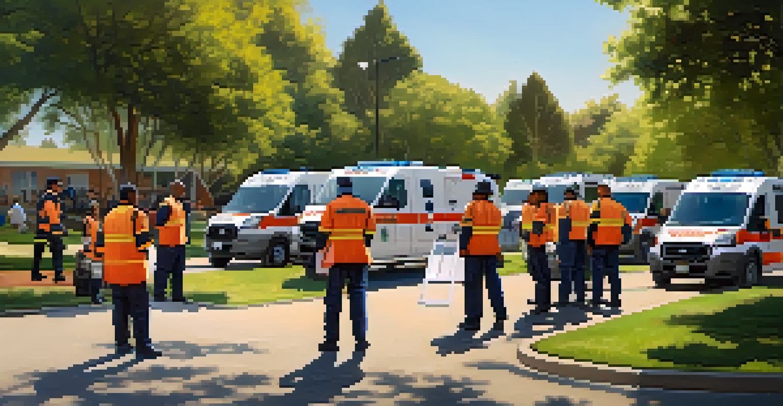 Emergency response team members in Compton preparing for a disaster drill in a sunny park setting.