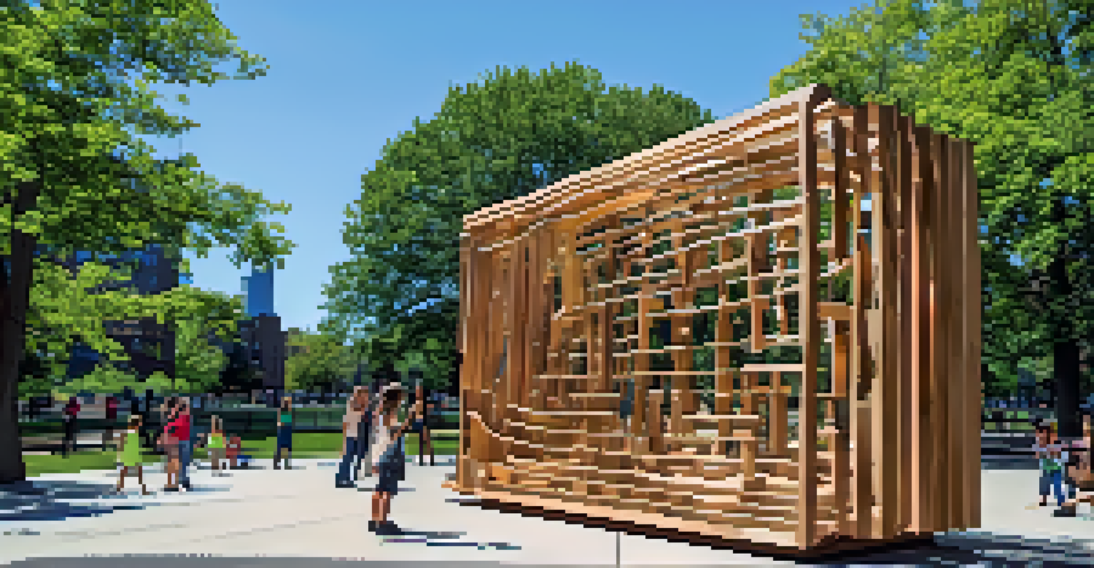 An interactive sculpture in a park with visitors engaging with it, showcasing a community atmosphere.