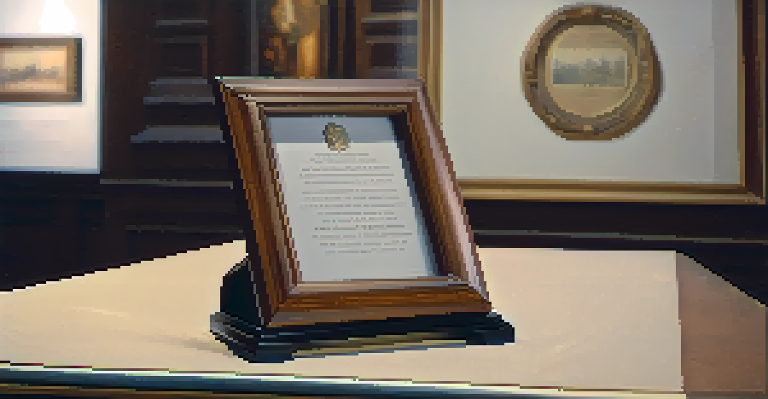 A close-up of a historical artifact in a museum, with a descriptive plaque and warm lighting emphasizing its texture and details.