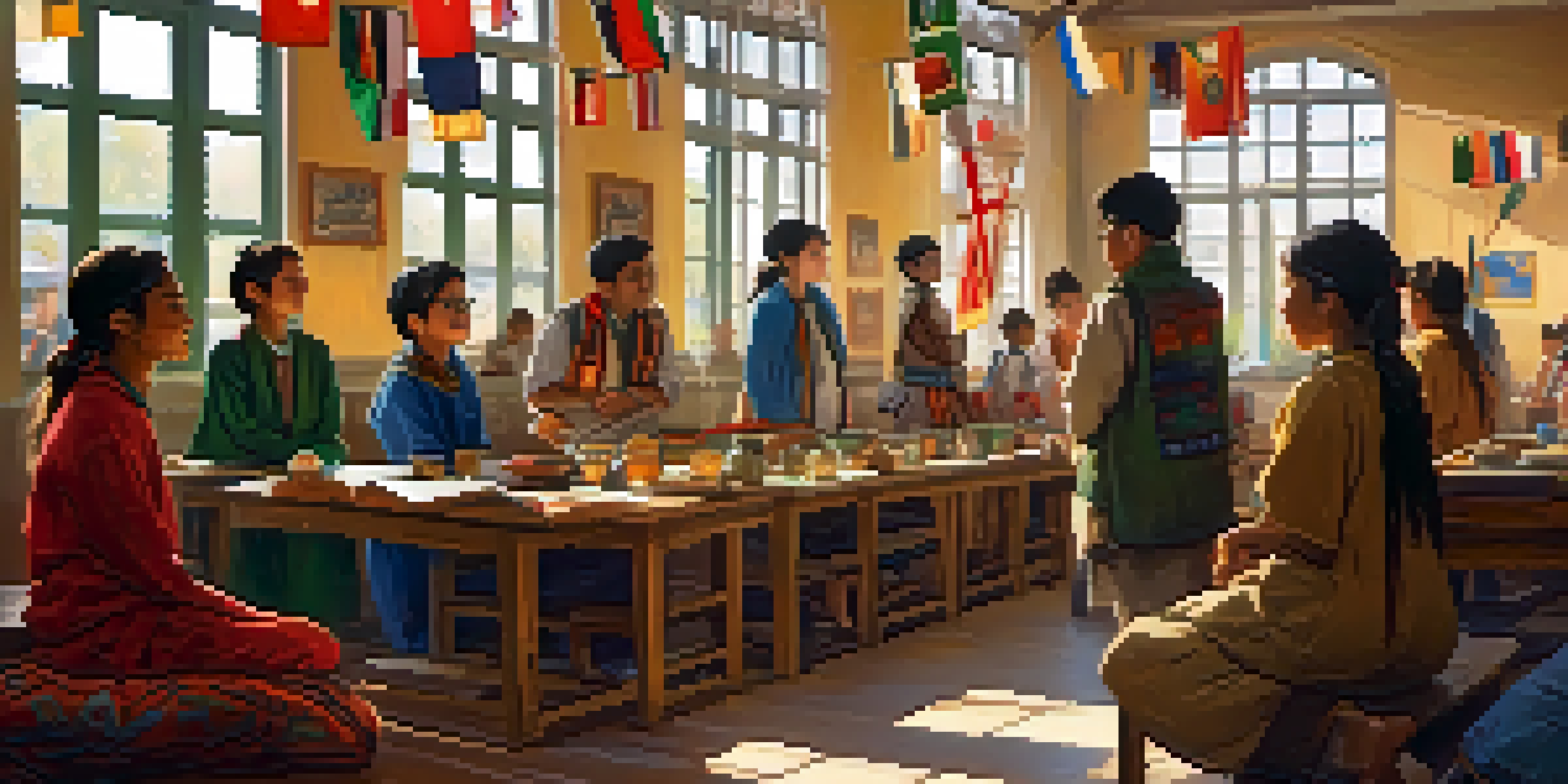 A colorful classroom where diverse students participate in a cultural sharing event, showcasing flags and traditional clothing, with sunlight illuminating their joyful expressions.