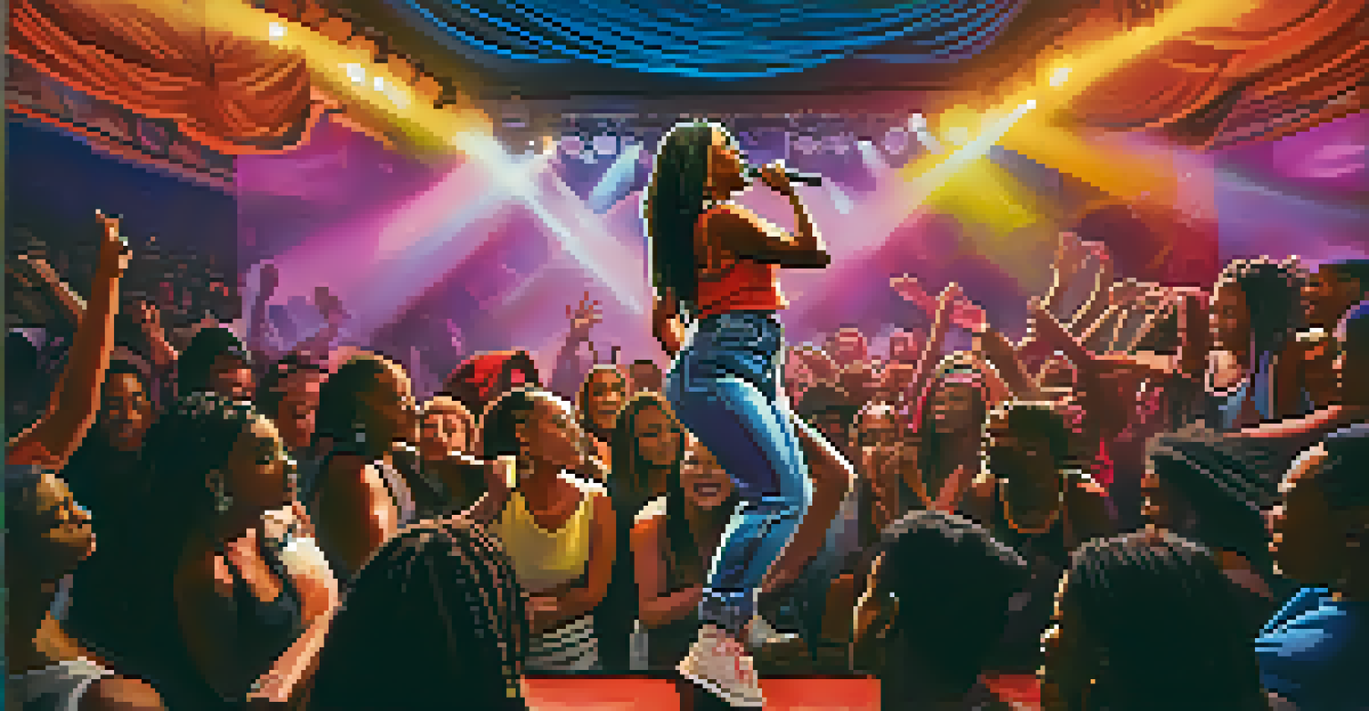 A female rapper performing on stage in Compton, with an engaged audience and colorful stage lights.