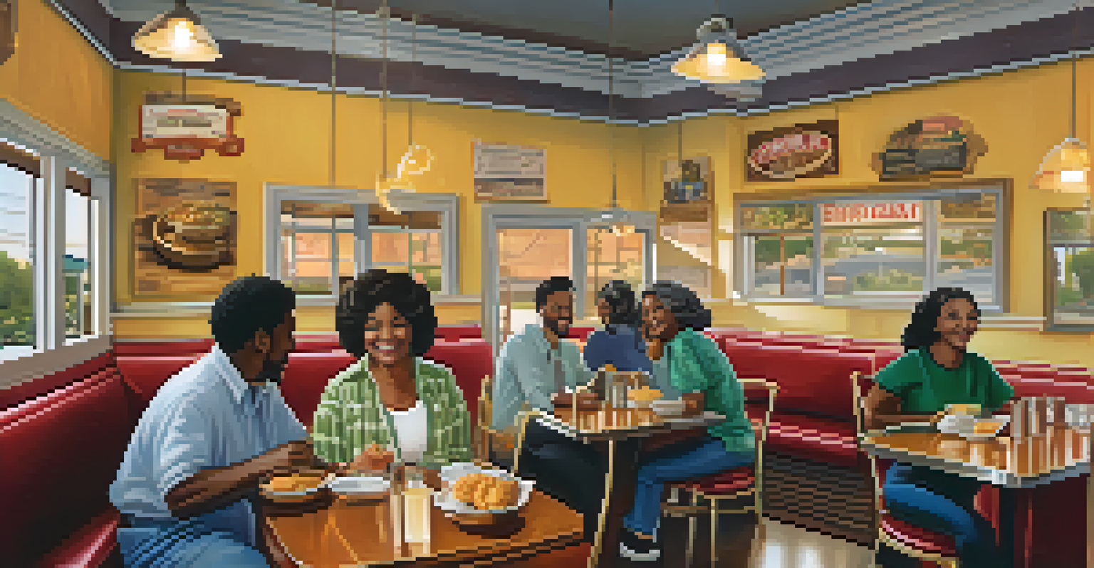 A charming family diner in Compton featuring a plate of soul food with fried catfish, collard greens, and cornbread.